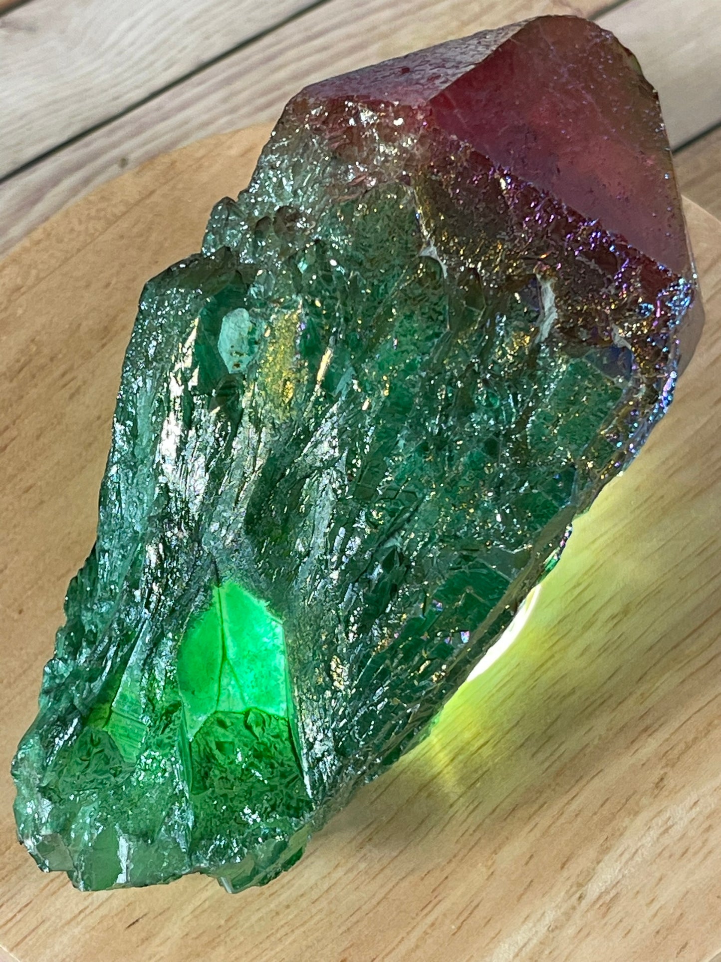 Aura Titanium Plated Rainbow Natural Quartz Crystal Point Red Green - 782.95Ct