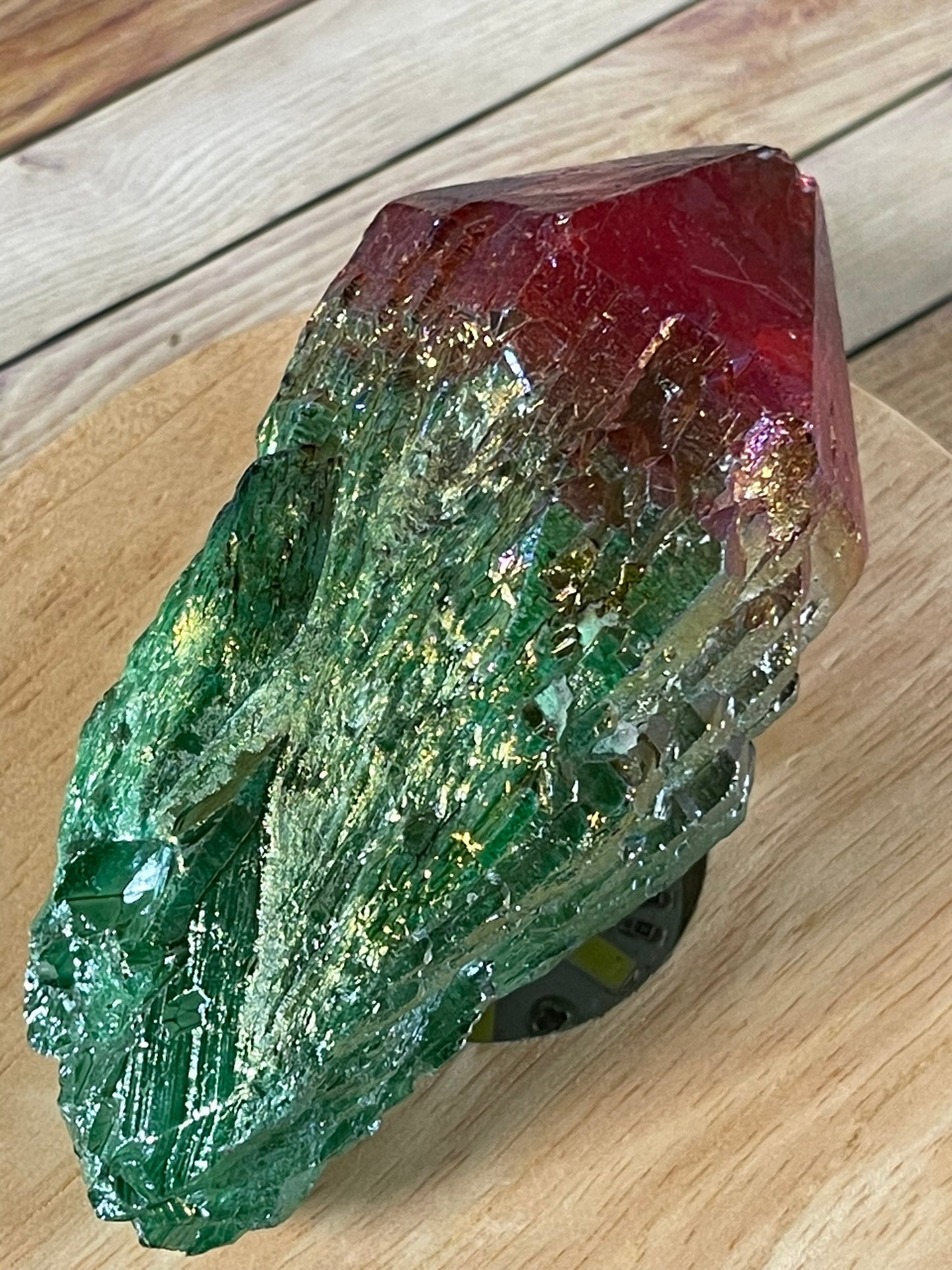 Aura Titanium Plated Rainbow Natural Quartz Crystal Point Red Green - 782.95Ct