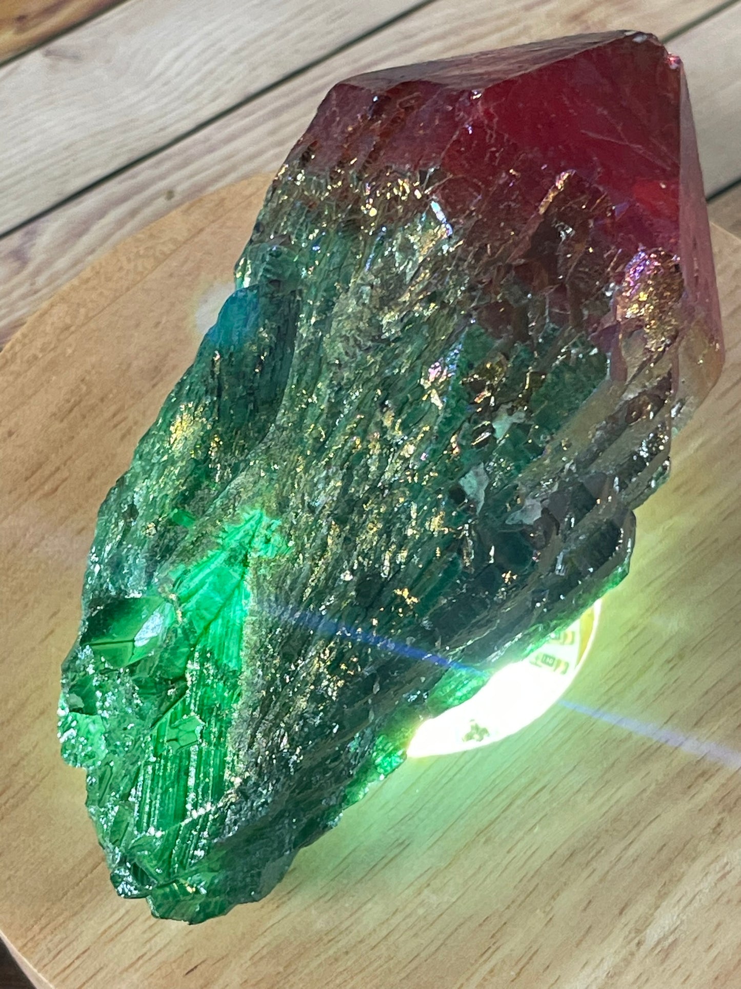 Aura Titanium Plated Rainbow Natural Quartz Crystal Point Red Green - 782.95Ct