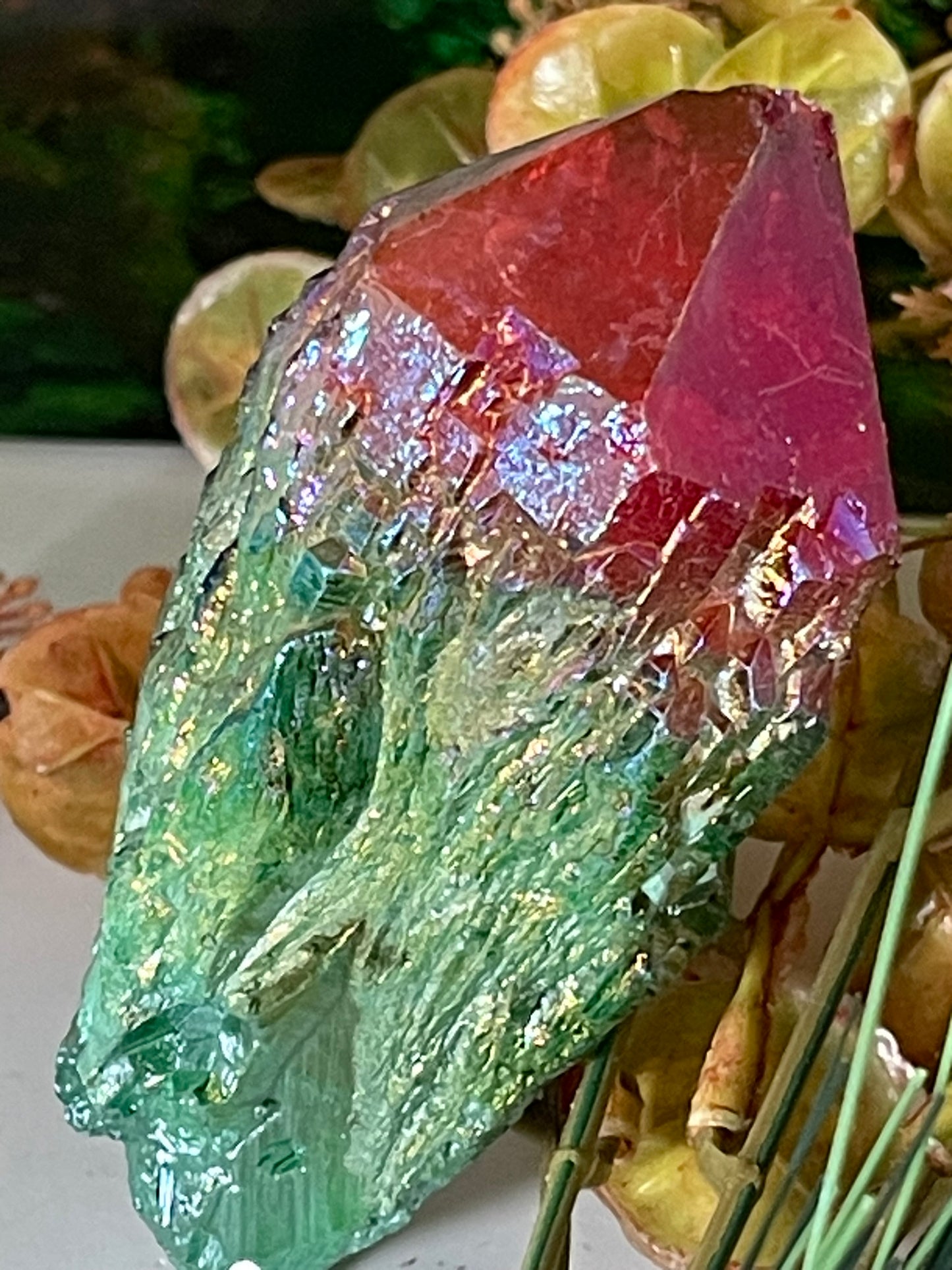 Aura Titanium Plated Rainbow Natural Quartz Crystal Point Red Green - 782.95Ct