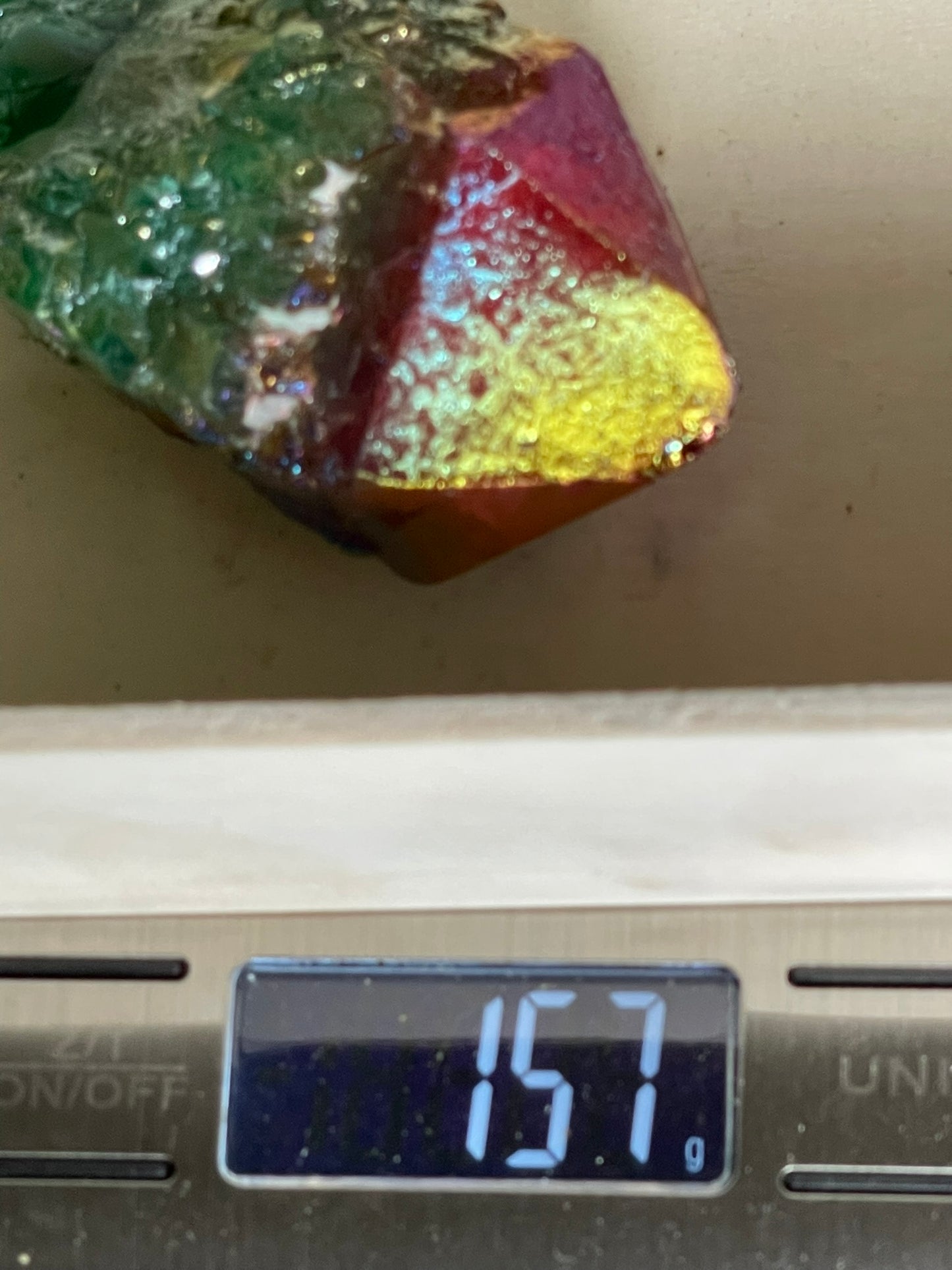 Aura Titanium Plated Rainbow Natural Quartz Crystal Point Red Green - 782.95Ct