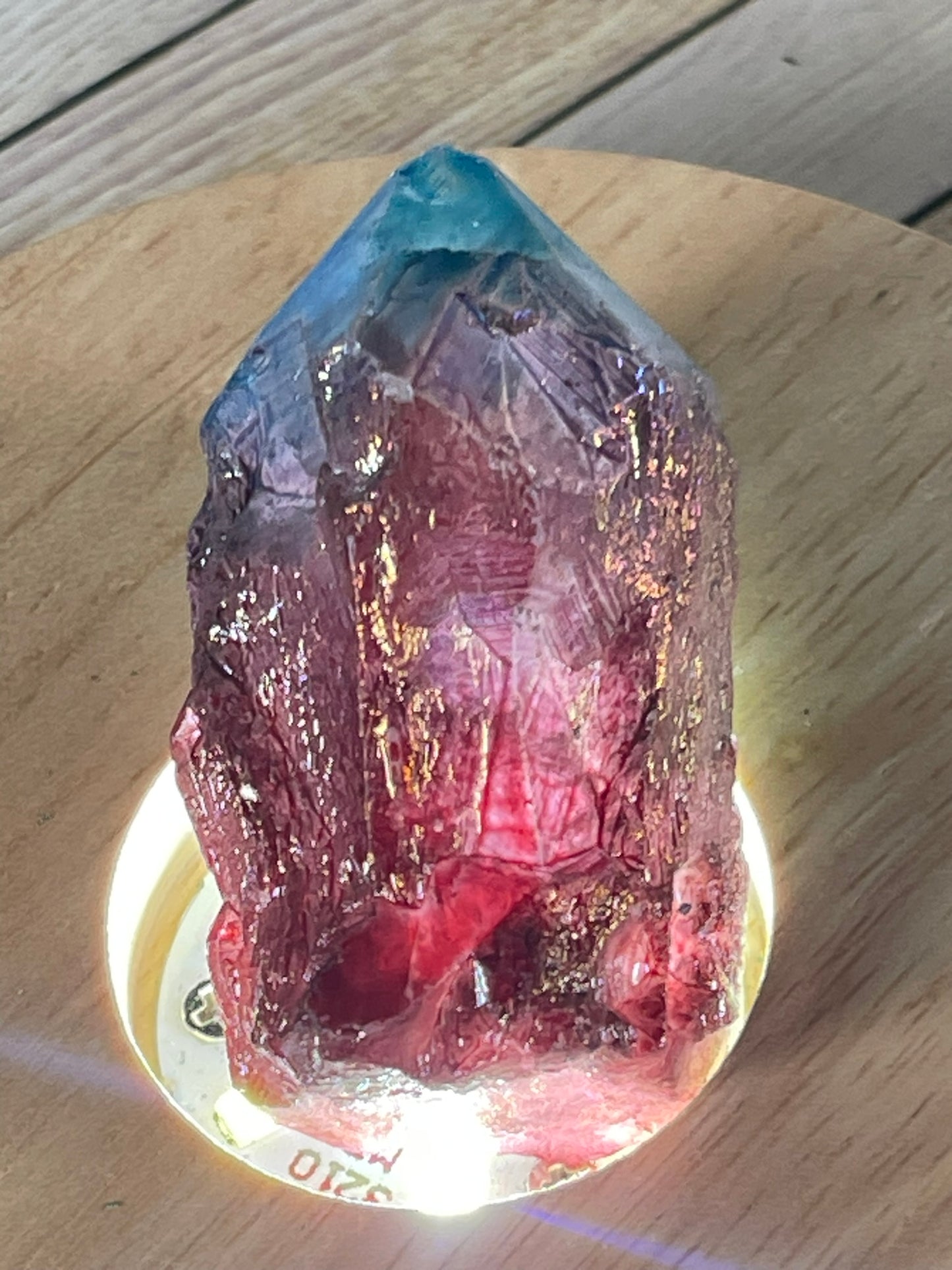 Aura Titanium Plated Rainbow Natural Quartz Crystal Point Blue Red - 209.80Ct