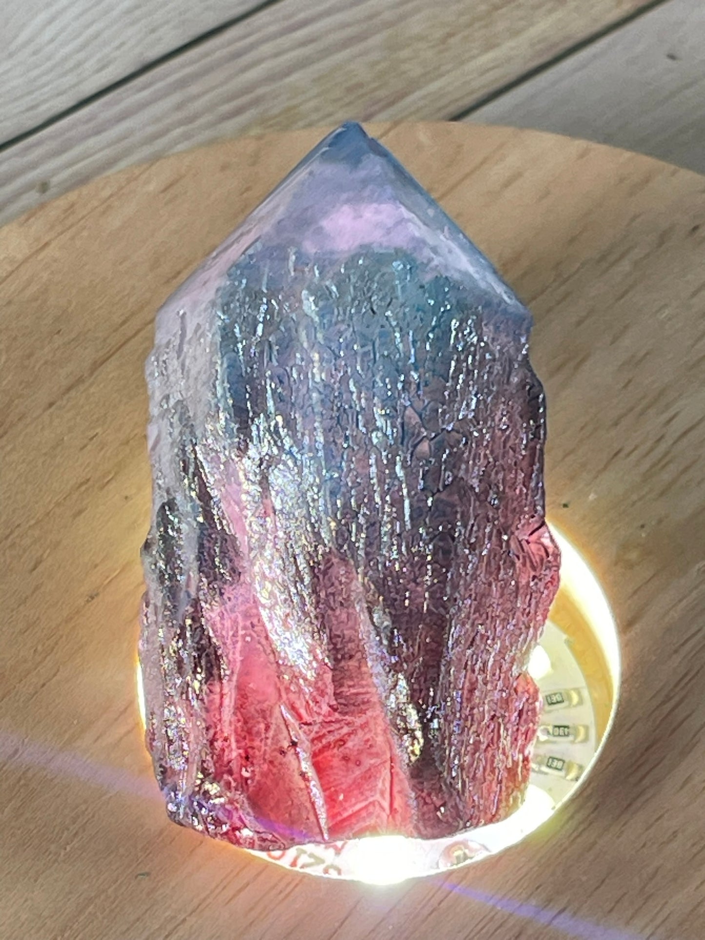 Aura Titanium Plated Rainbow Natural Quartz Crystal Point Blue Red - 209.80Ct