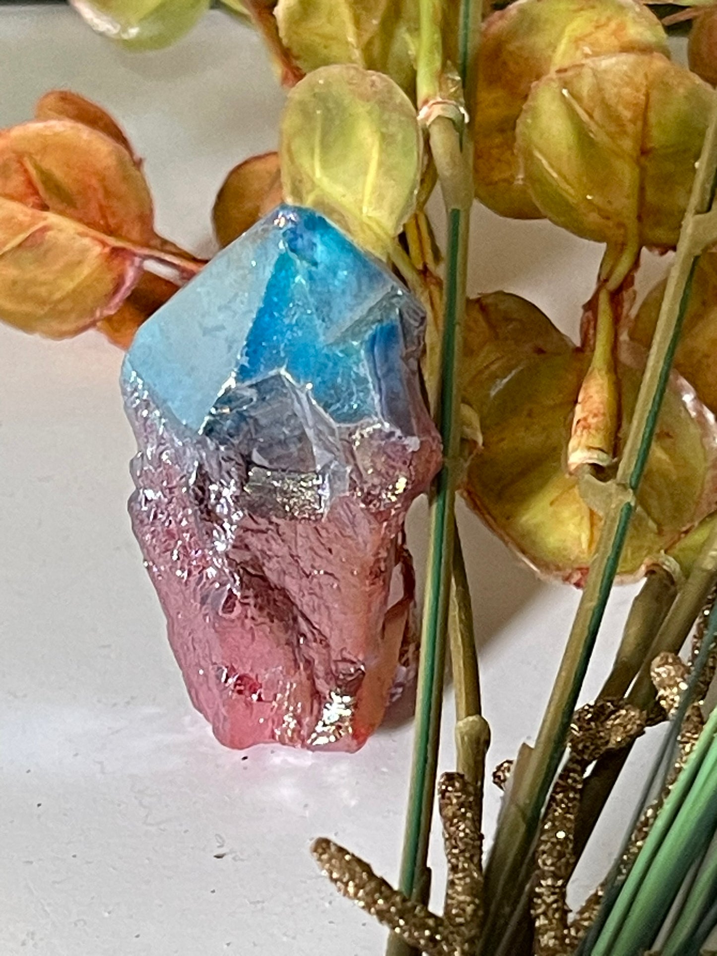 Aura Titanium Plated Rainbow Natural Quartz Crystal Point Blue Red - 209.80Ct