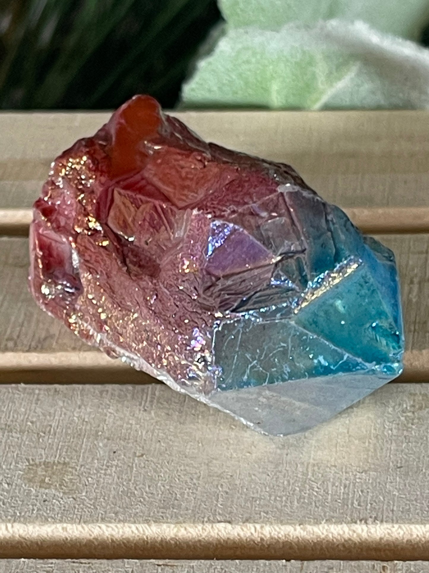 Aura Titanium Plated Rainbow Natural Quartz Crystal Point Blue Red - 209.80Ct