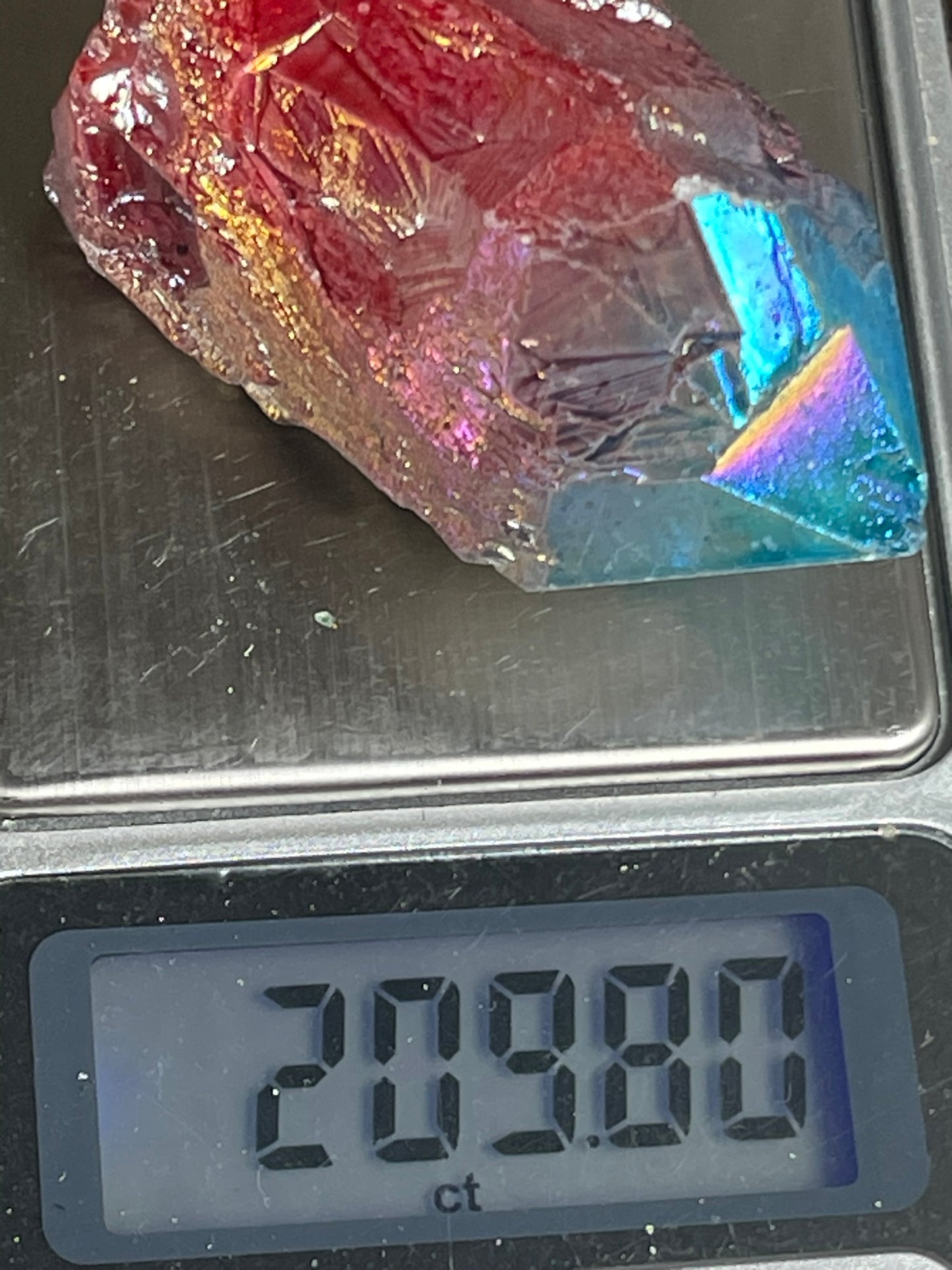 Aura Titanium Plated Rainbow Natural Quartz Crystal Point Blue Red - 209.80Ct