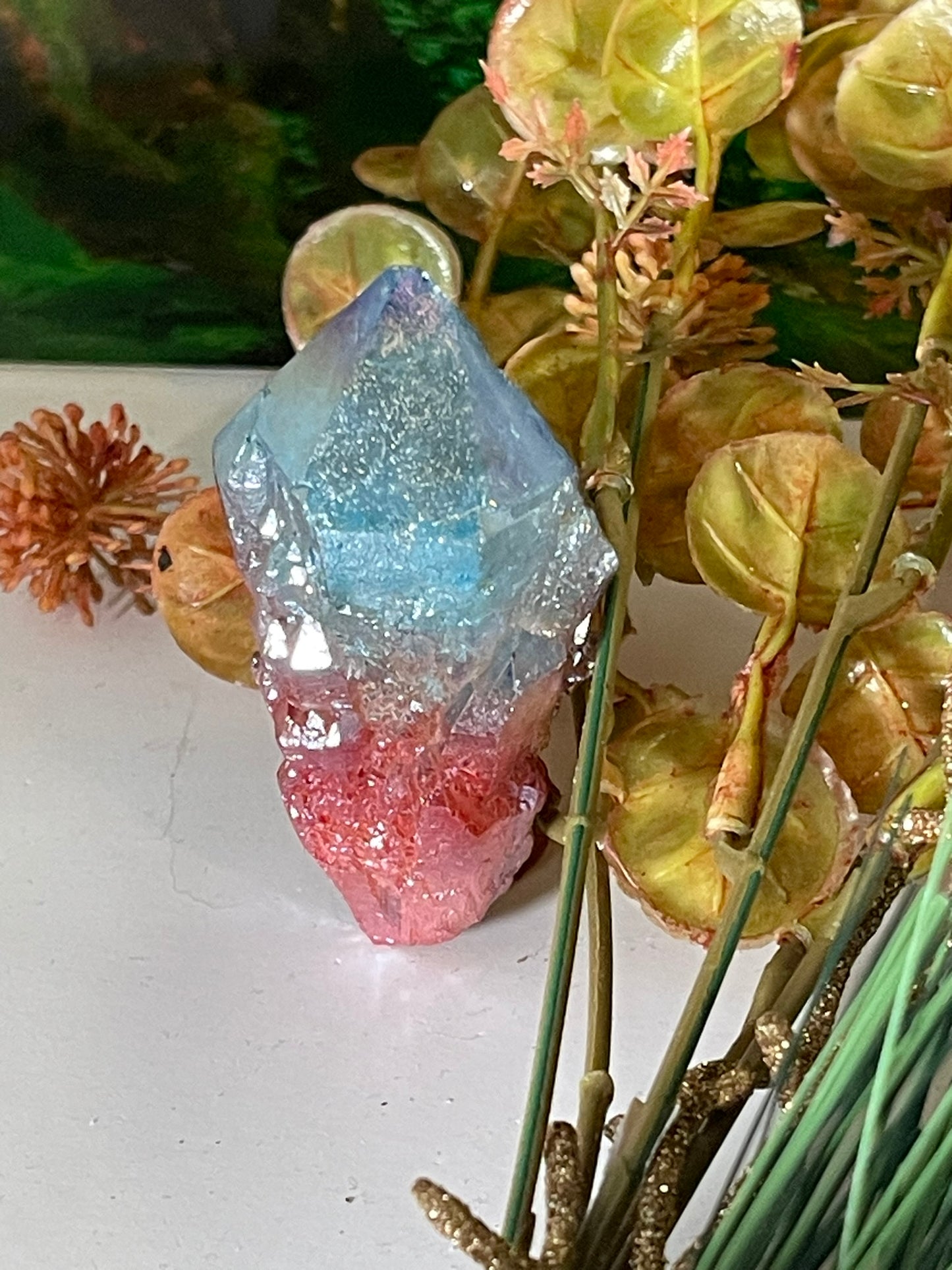 Aura Titanium Plated Rainbow Natural Quartz Crystal Point Blue Red - 349.05Ct