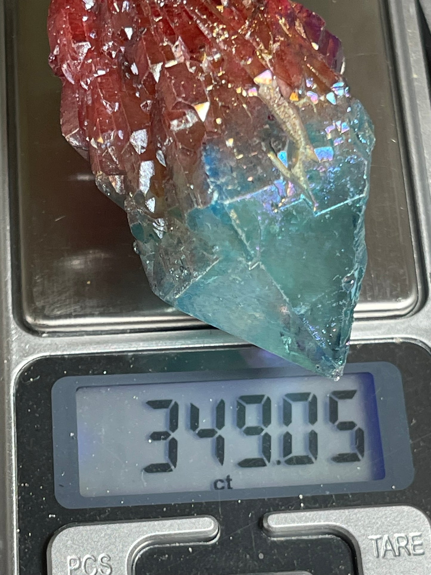 Aura Titanium Plated Rainbow Natural Quartz Crystal Point Blue Red - 349.05Ct