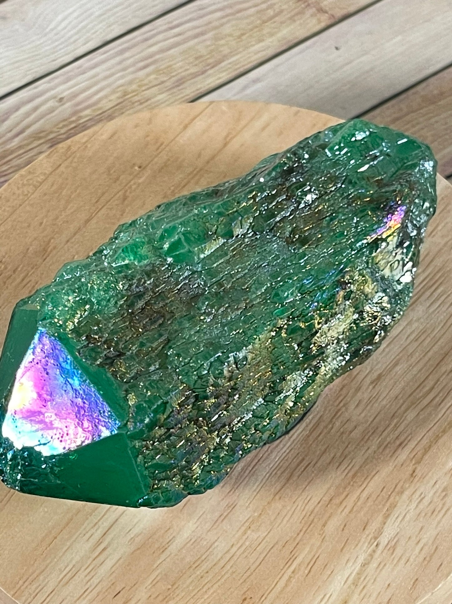 Aura Titanium Plated Rainbow Natural Quartz Crystal Point Green - 708.25Ct