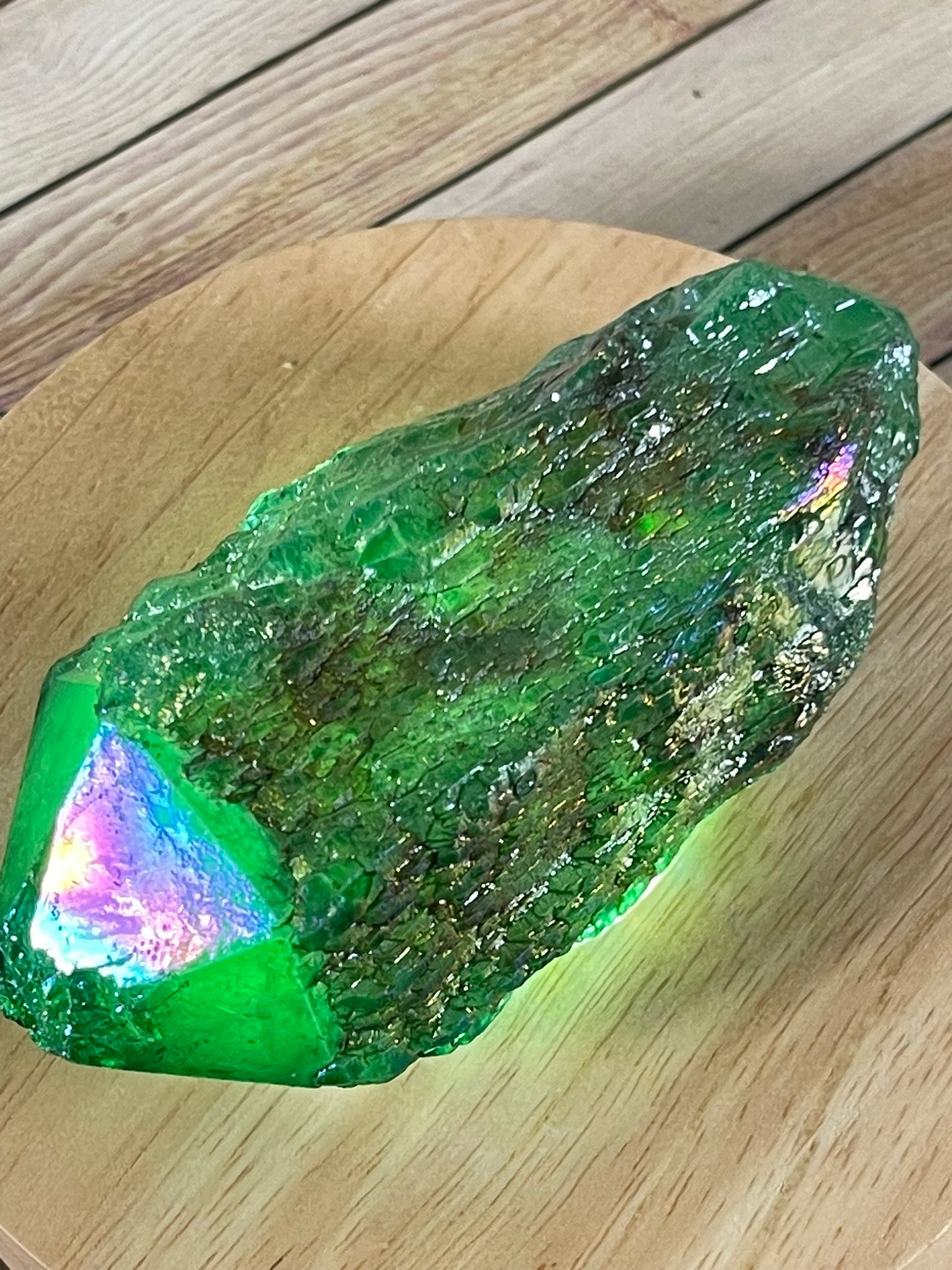 Aura Titanium Plated Rainbow Natural Quartz Crystal Point Green - 708.25Ct