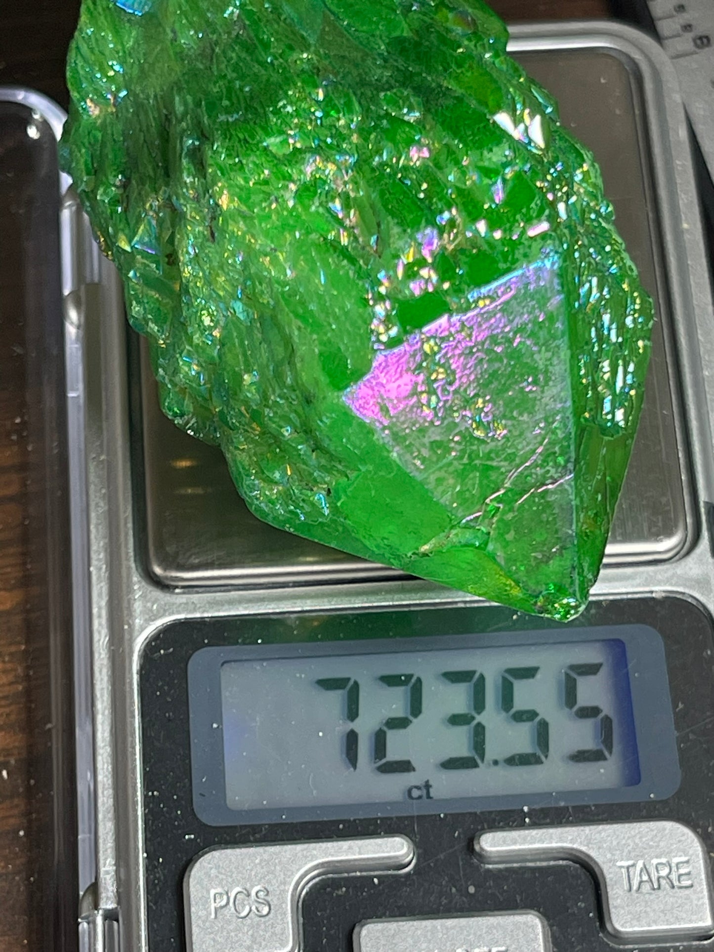 Aura Titanium Plated Rainbow Natural Quartz Crystal Point Green - 723.55Ct