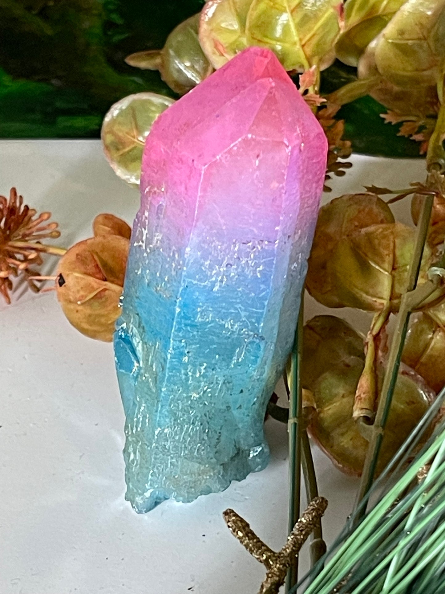 Aura Titanium Plated Natural Quartz Crystal Point Rainbow Pink Blue - 570.05Ct