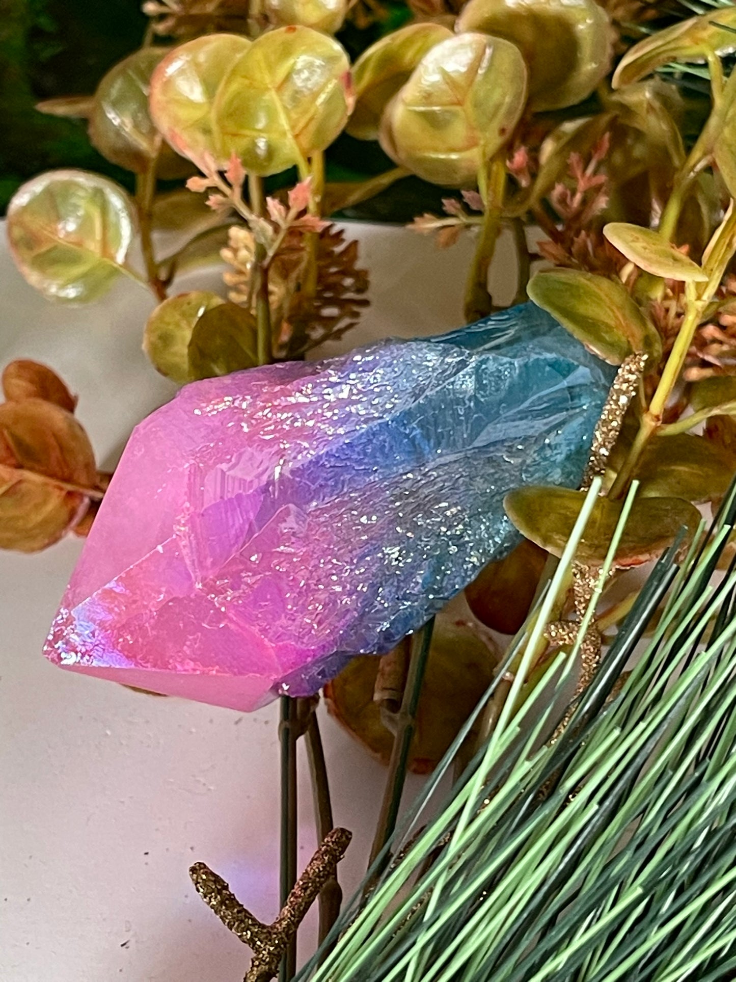 Aura Titanium Plated Natural Quartz Crystal Point Rainbow Pink Blue - 579.25Ct