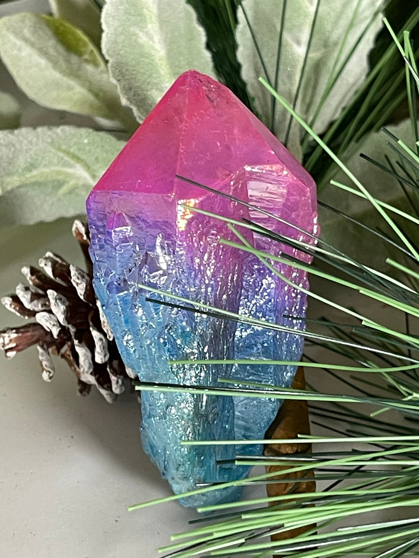 Aura Titanium Plated Natural Quartz Crystal Point Rainbow Pink Blue - 579.25Ct