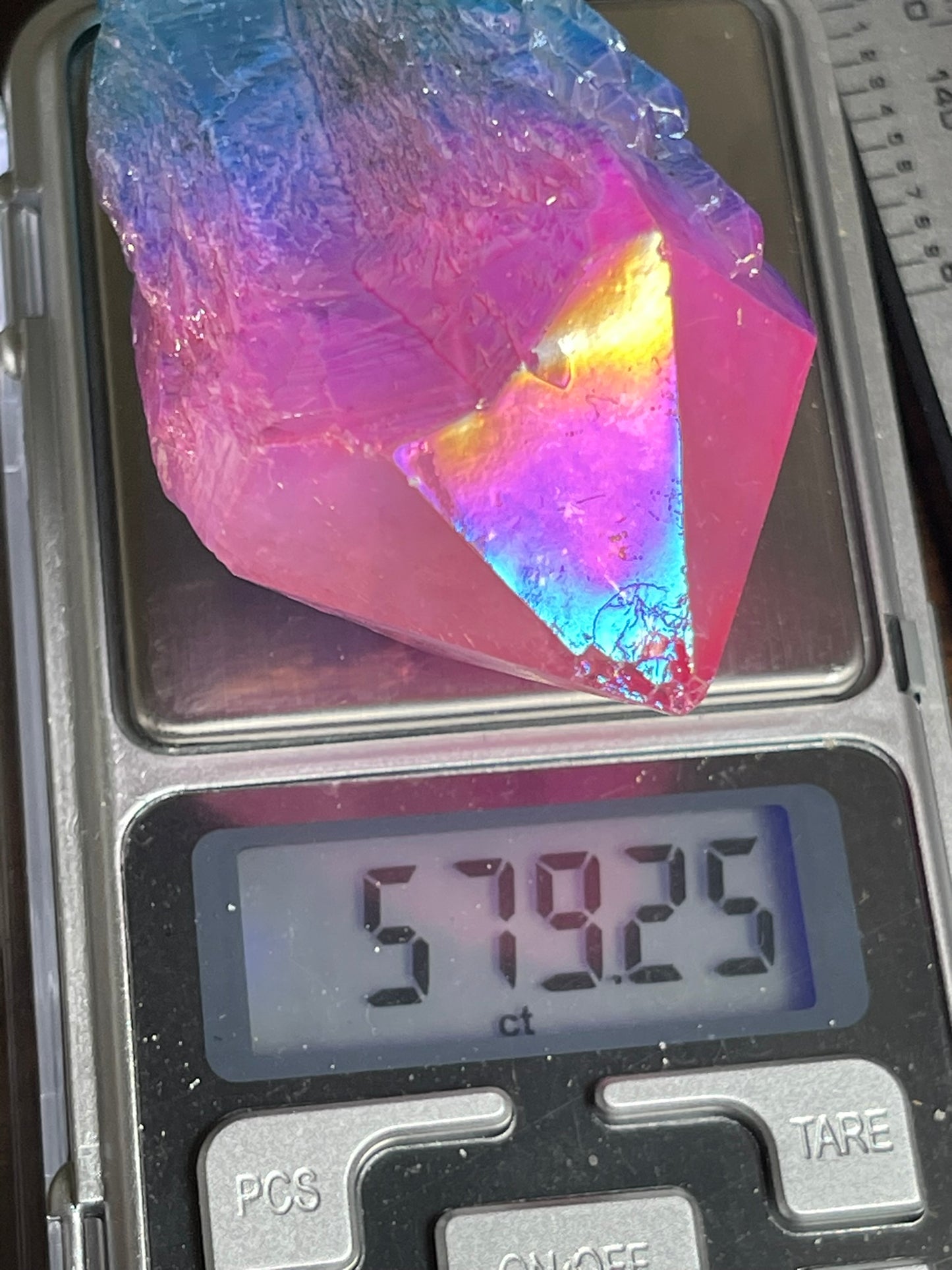 Aura Titanium Plated Natural Quartz Crystal Point Rainbow Pink Blue - 579.25Ct