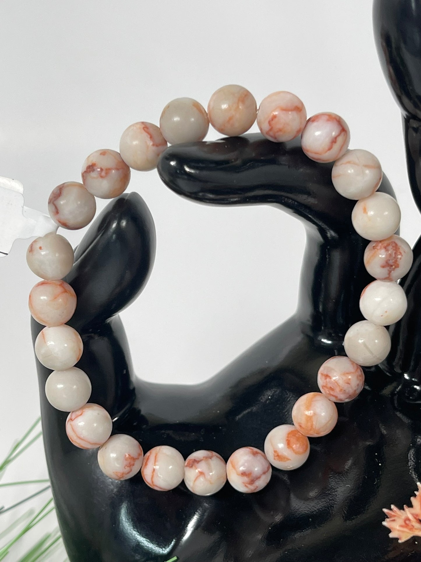 Bracelet - Natural Stone  White Orange Agate 8mm Round Bracelet