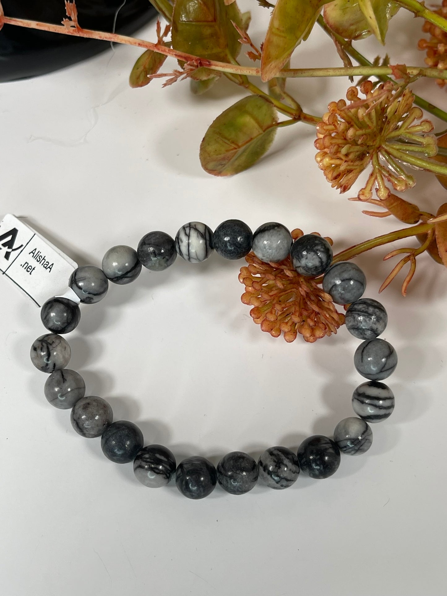 Bracelet - Natural Stone Crystal - Black Network Stone - 8mm Round Bracelet