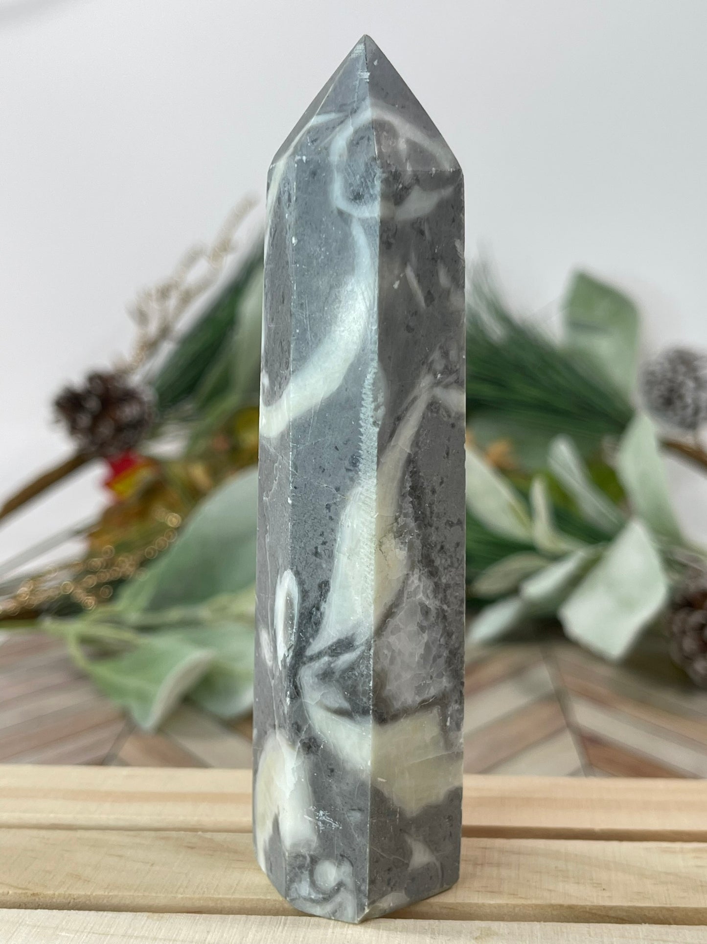 Tower - Shell Stone Jasper Natural Stone Crystal Obelisk Point - 162g