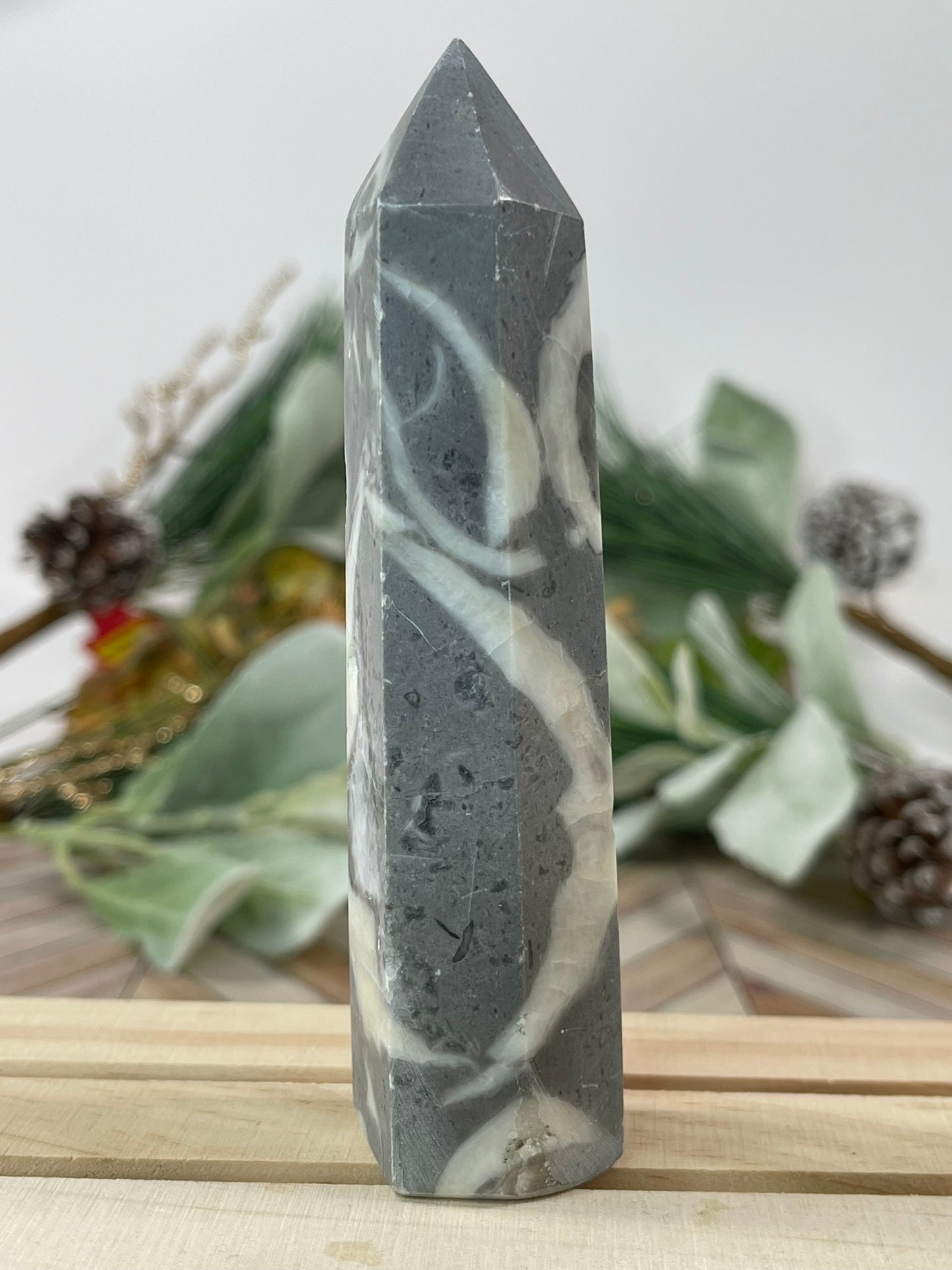 Tower - Shell Stone Jasper Natural Stone Crystal Obelisk Point - 162g