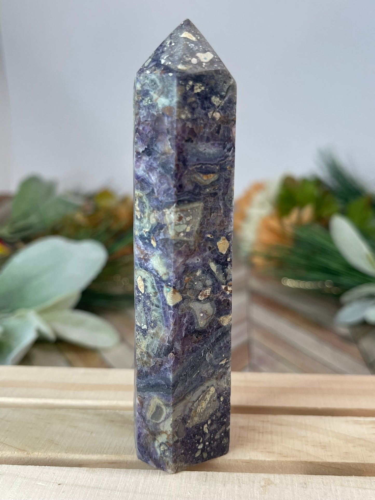 Tower - Purple Brecciated Fluorite Natural Stone Jasper Crystal Obelisk Point - 133g