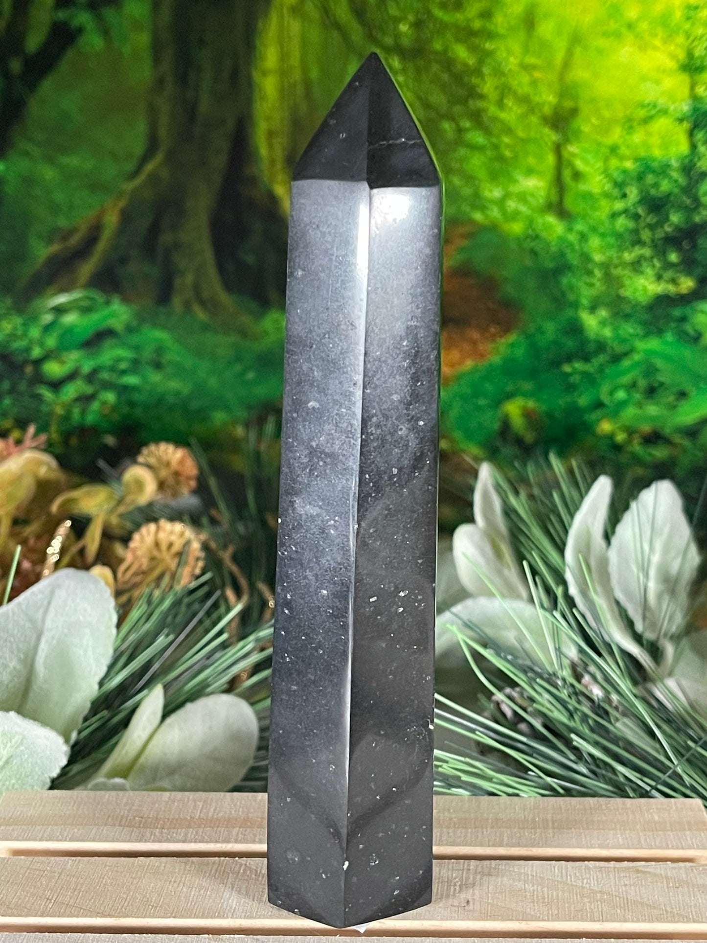 Tower - Natural Black & White Tourmaline Quartz Crystal Jasper Obelisk Point Tower - 303g - 15.8cm