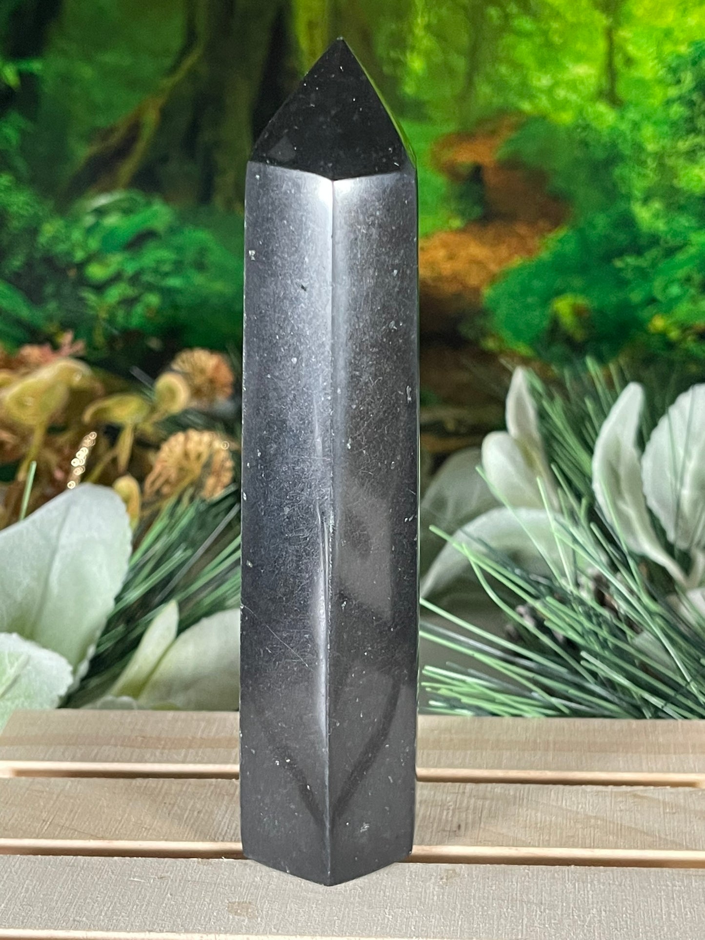 Tower - Natural Black & White Tourmaline Quartz Crystal Jasper Obelisk Point Tower - 337g - 14.7cm