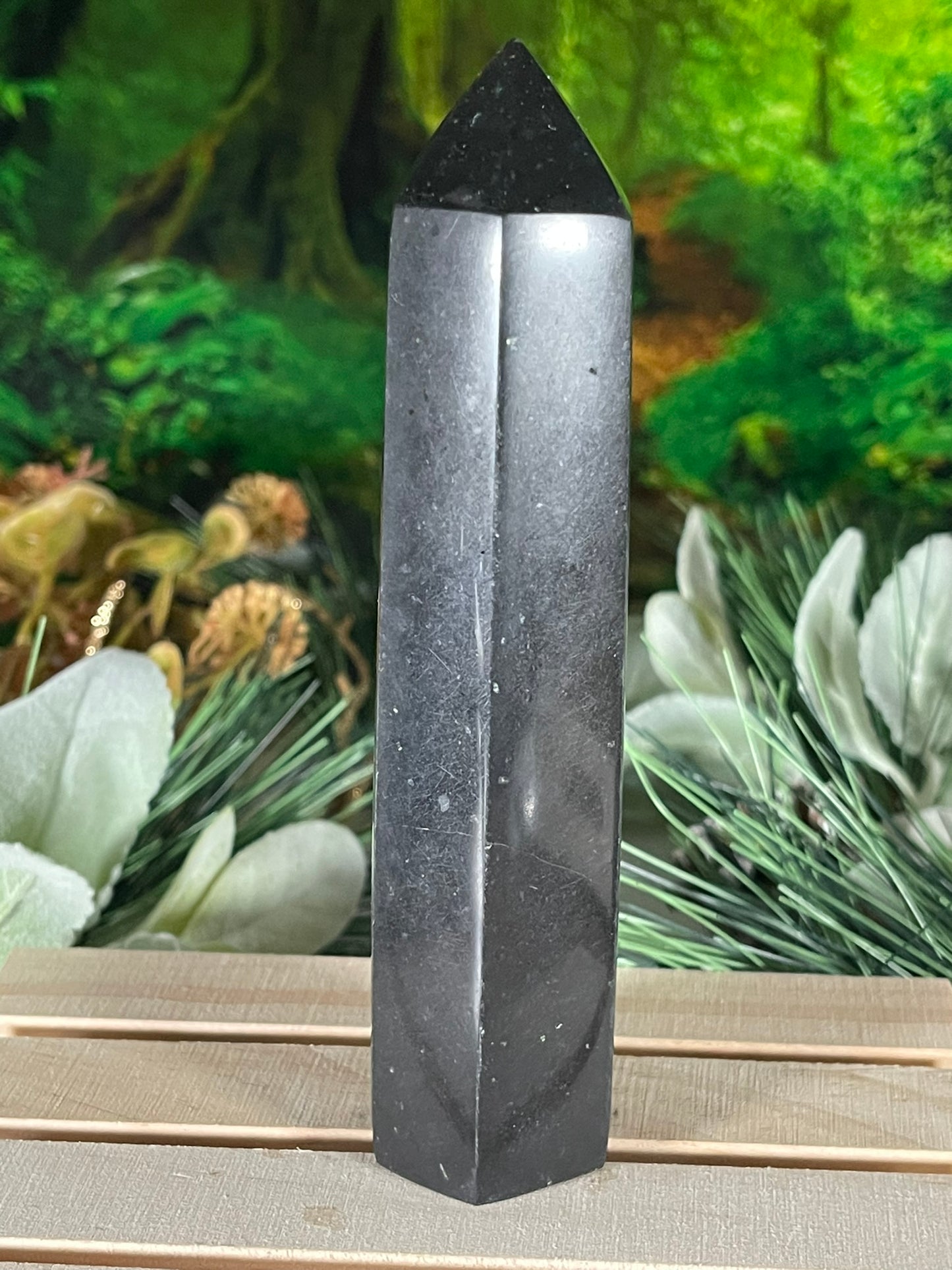 Tower - Natural Black & White Tourmaline Quartz Crystal Jasper Obelisk Point Tower - 337g - 14.7cm