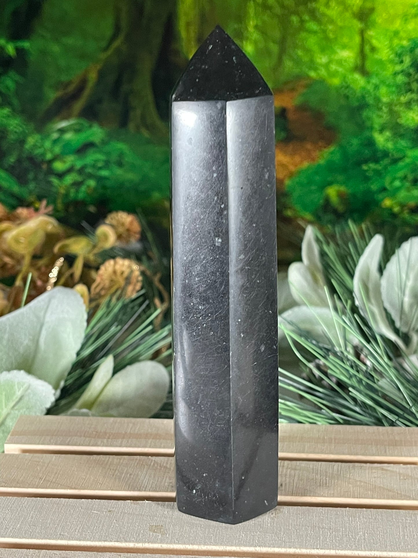 Tower - Natural Black & White Tourmaline Quartz Crystal Jasper Obelisk Point Tower - 337g - 14.7cm