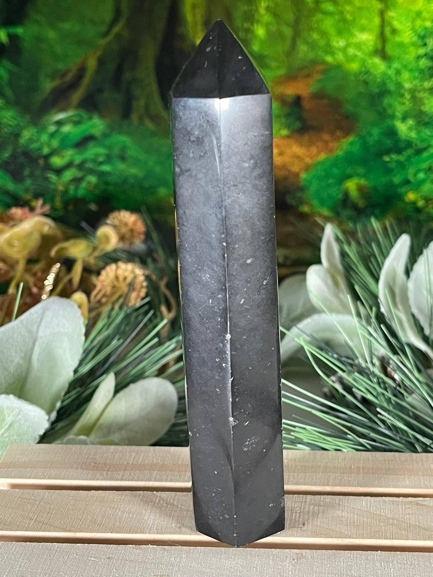 Tower - Natural Black & White Tourmaline Quartz Crystal Jasper Obelisk Point Tower - 247g - 14.3cm