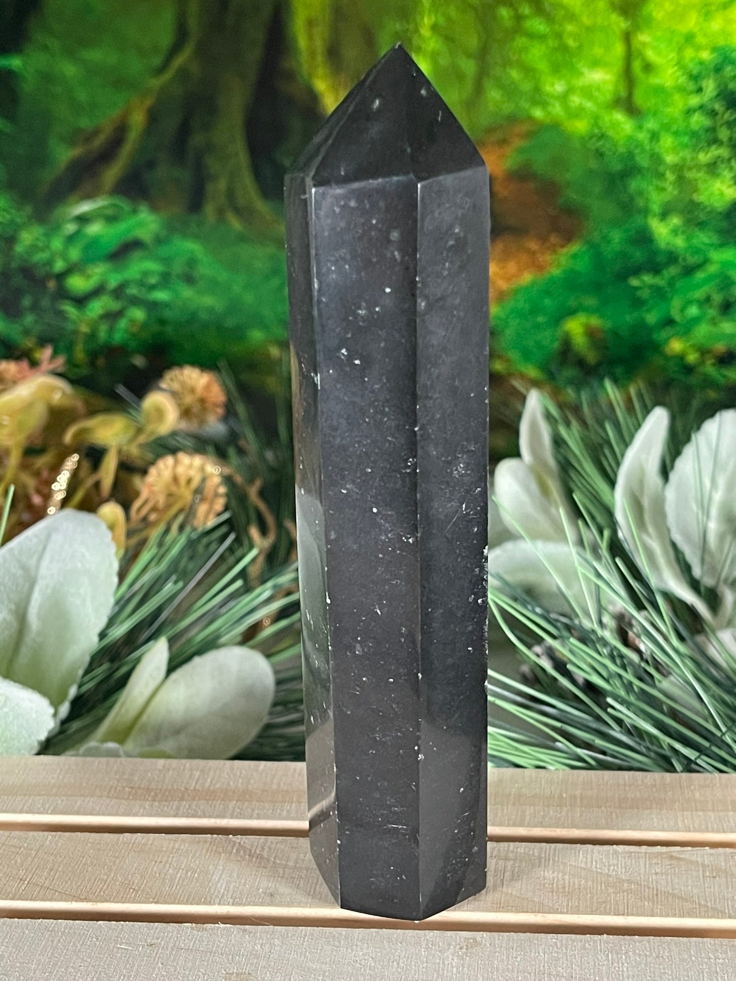 Tower - Natural Black & White Tourmaline Quartz Crystal Jasper Obelisk Point Tower - 247g - 14.3cm