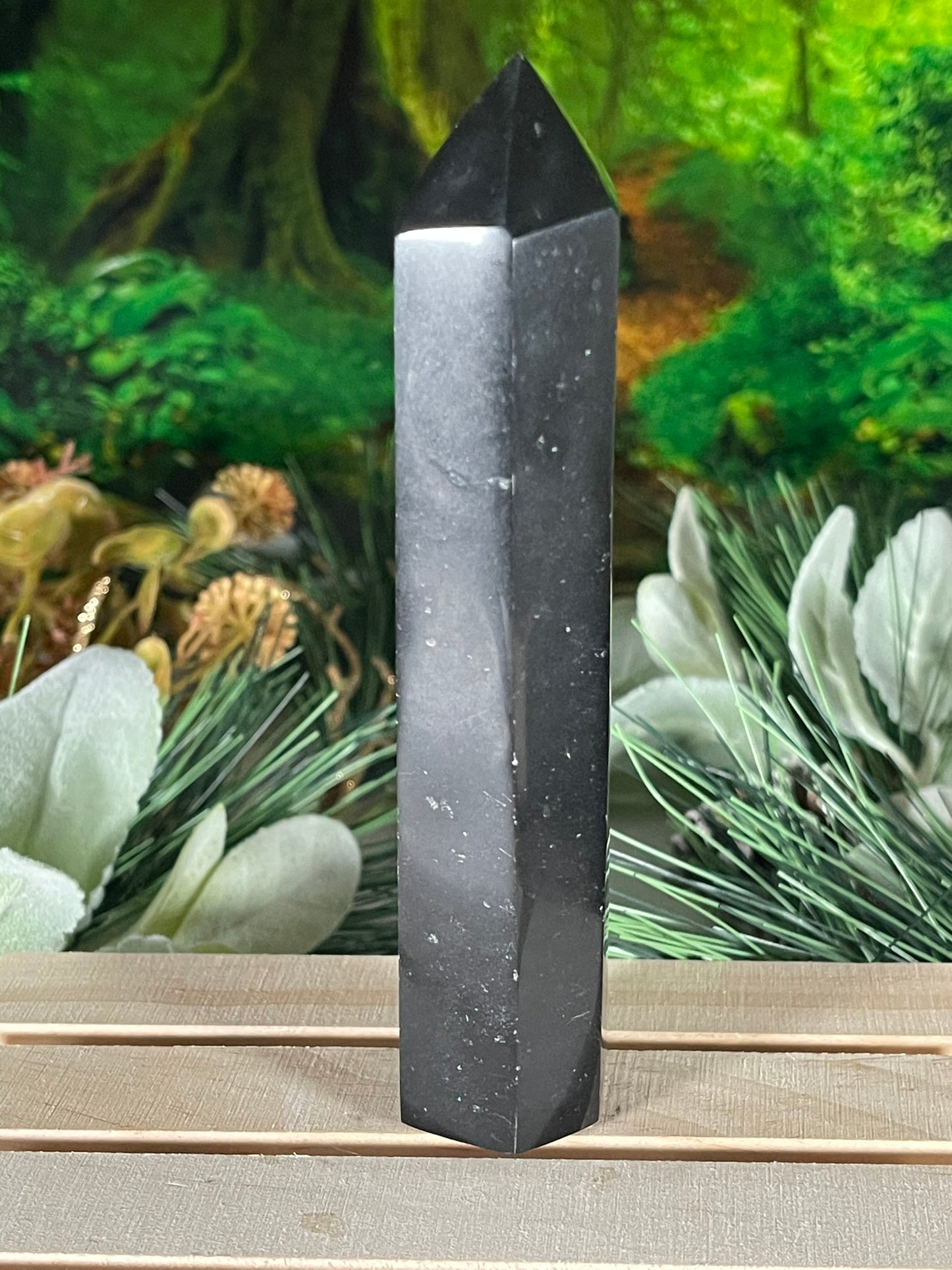 Tower - Natural Black & White Tourmaline Quartz Crystal Jasper Obelisk Point Tower - 247g - 14.3cm