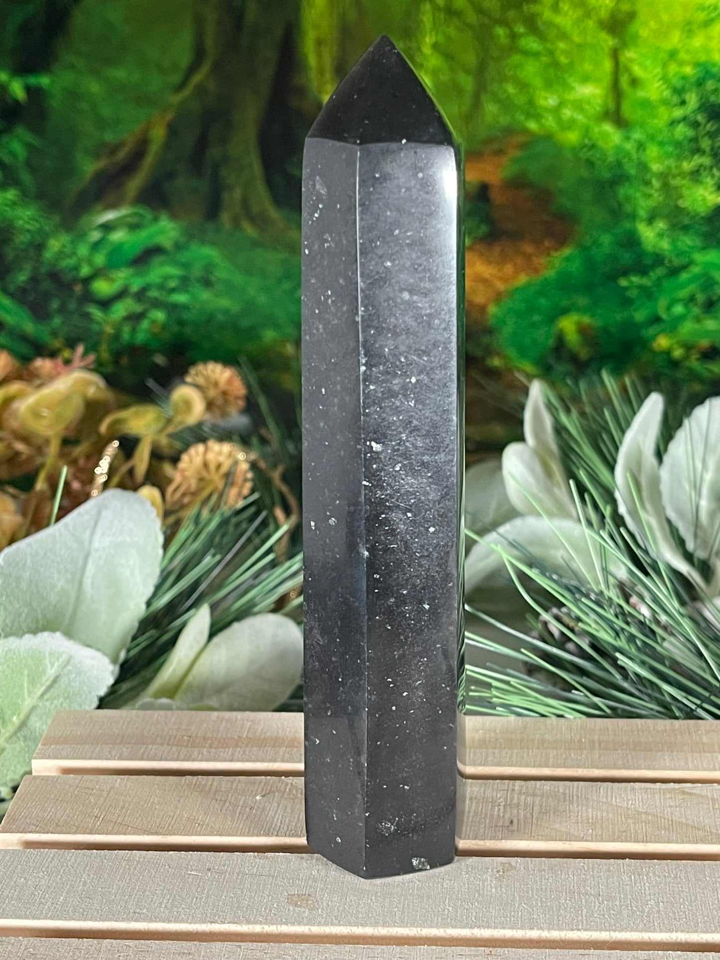 Tower - Natural Black & White Tourmaline Quartz Crystal Jasper Obelisk Point Tower - 267g - 14.7cm