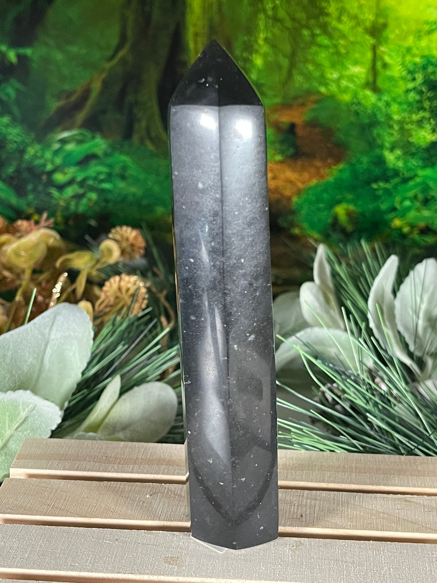 Tower - Natural Black & White Tourmaline Quartz Crystal Jasper Obelisk Point Tower - 267g - 14.7cm