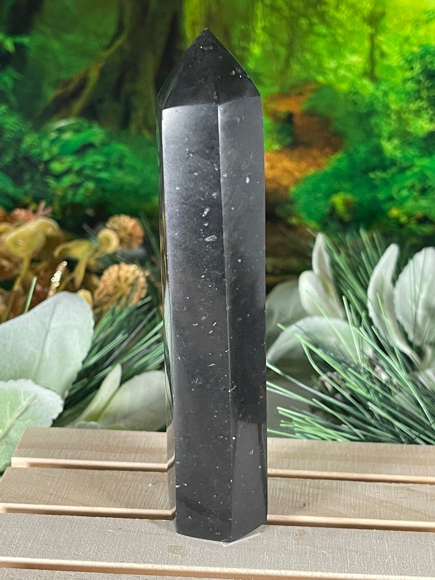 Tower - Natural Black & White Tourmaline Quartz Crystal Jasper Obelisk Point Tower - 267g - 14.7cm