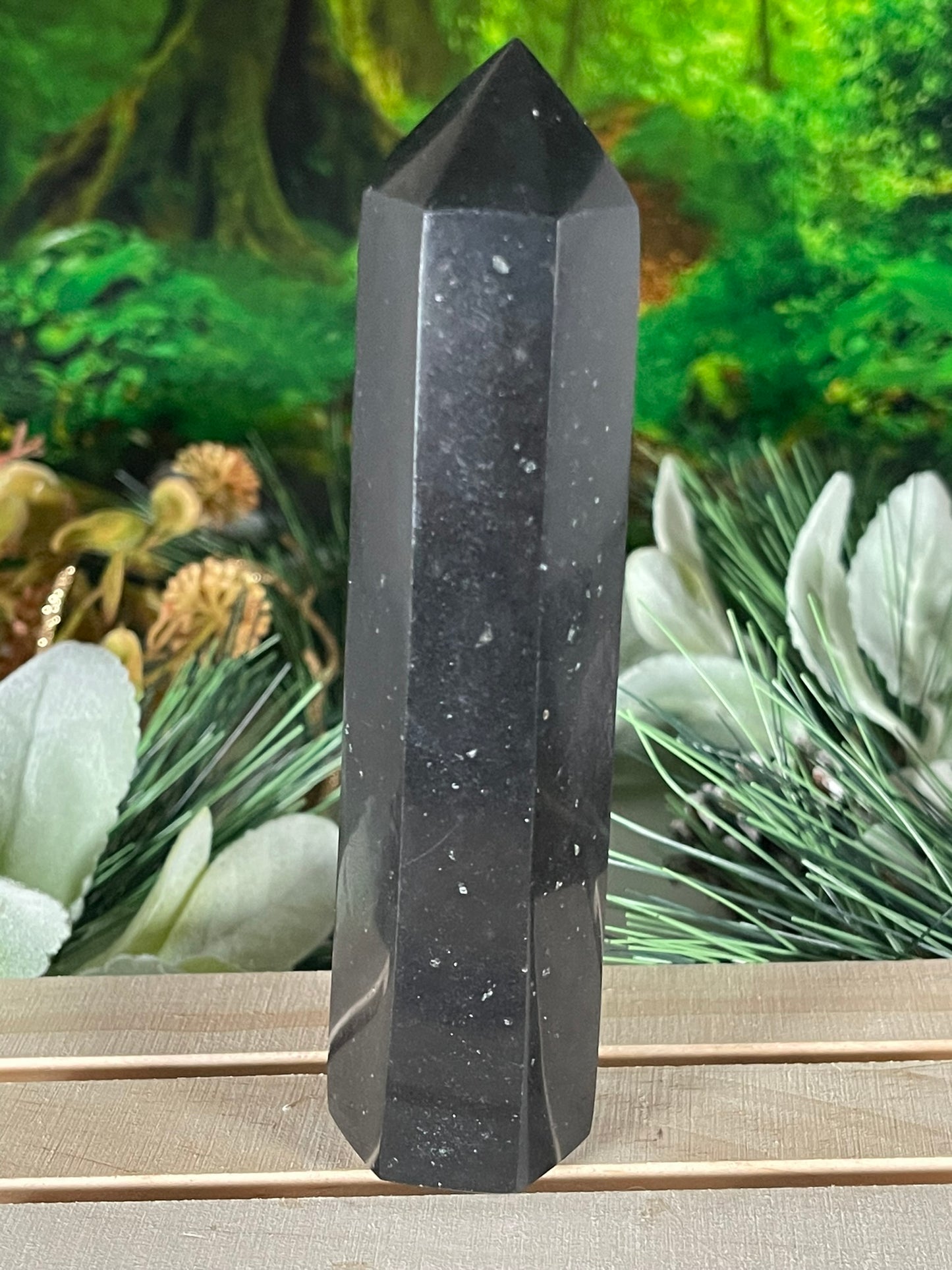 Tower - Natural Black & White Tourmaline Quartz Crystal Jasper Obelisk Point Tower - 270g - 14.0cm