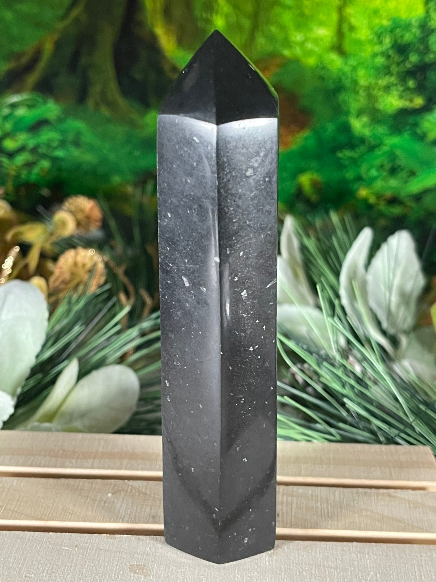 Tower - Natural Black & White Tourmaline Quartz Crystal Jasper Obelisk Point Tower - 270g - 14.0cm