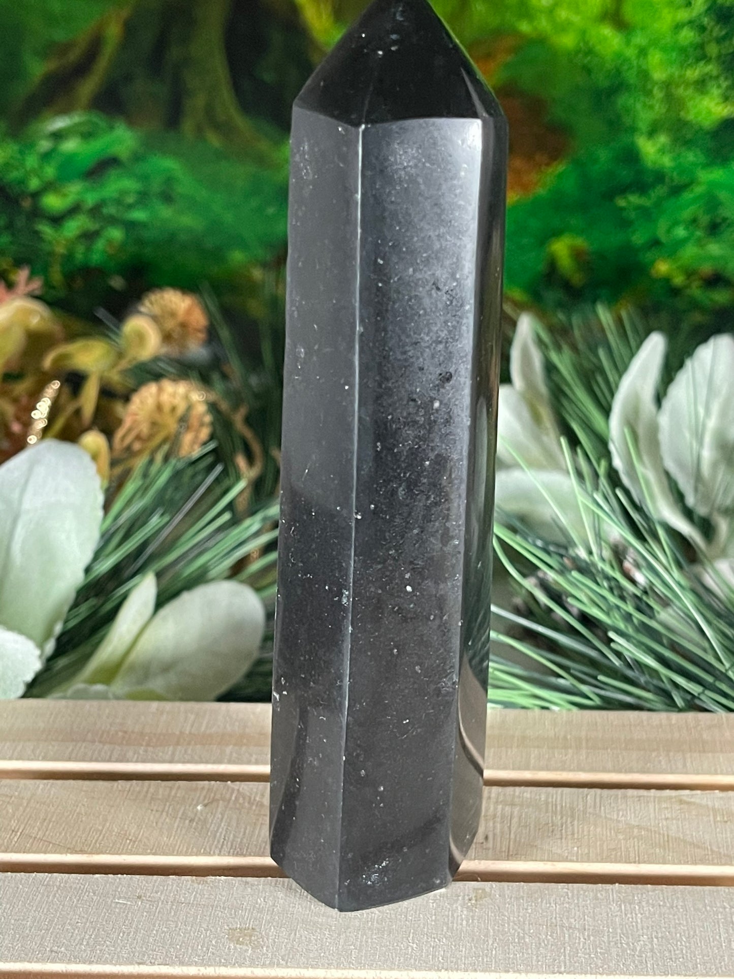 Tower - Natural Black & White Tourmaline Quartz Crystal Jasper Obelisk Point Tower - 281g - 14.0cm