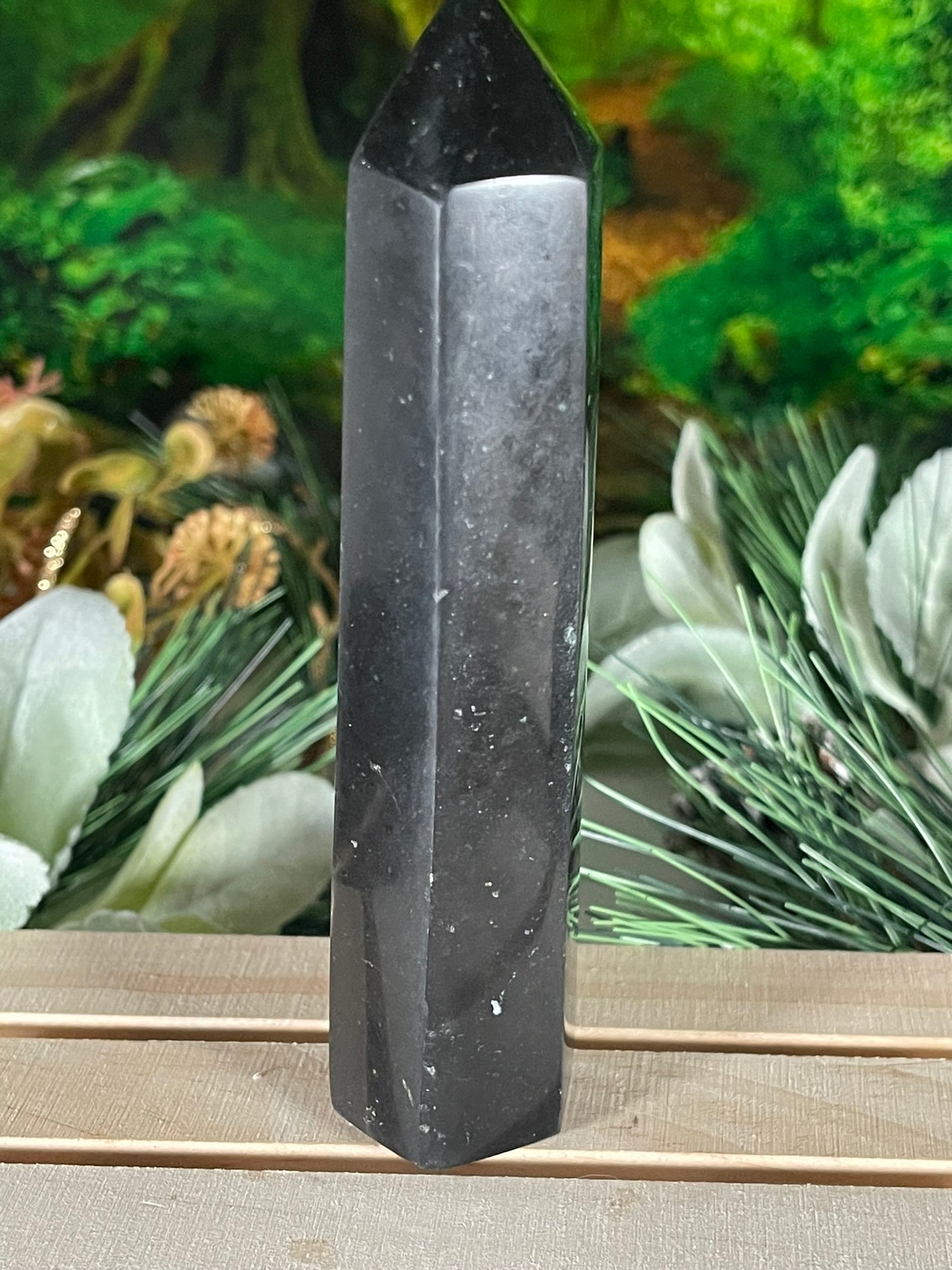 Tower - Natural Black & White Tourmaline Quartz Crystal Jasper Obelisk Point Tower - 281g - 14.0cm