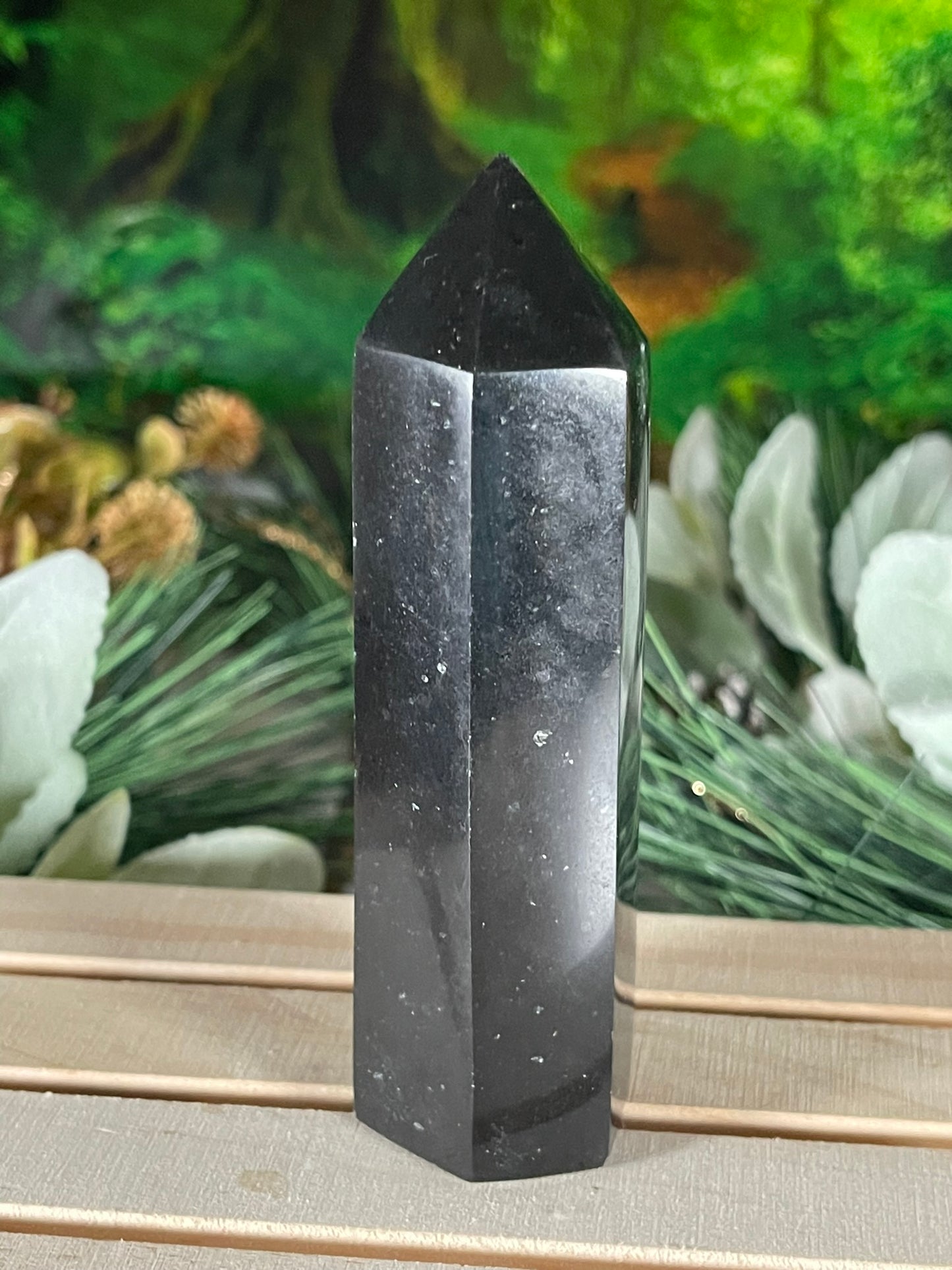 Tower - Black Tourmaline Jasper Natural Stone Quartz Crystal Obelisk Point - 248g