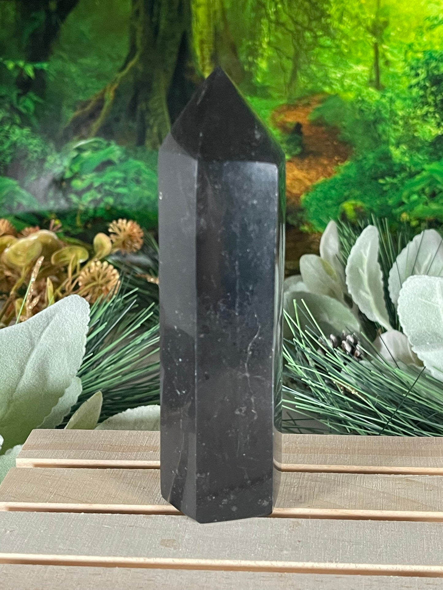 Tower - Black Tourmaline Jasper Natural Stone Quartz Crystal Obelisk Point - 363g