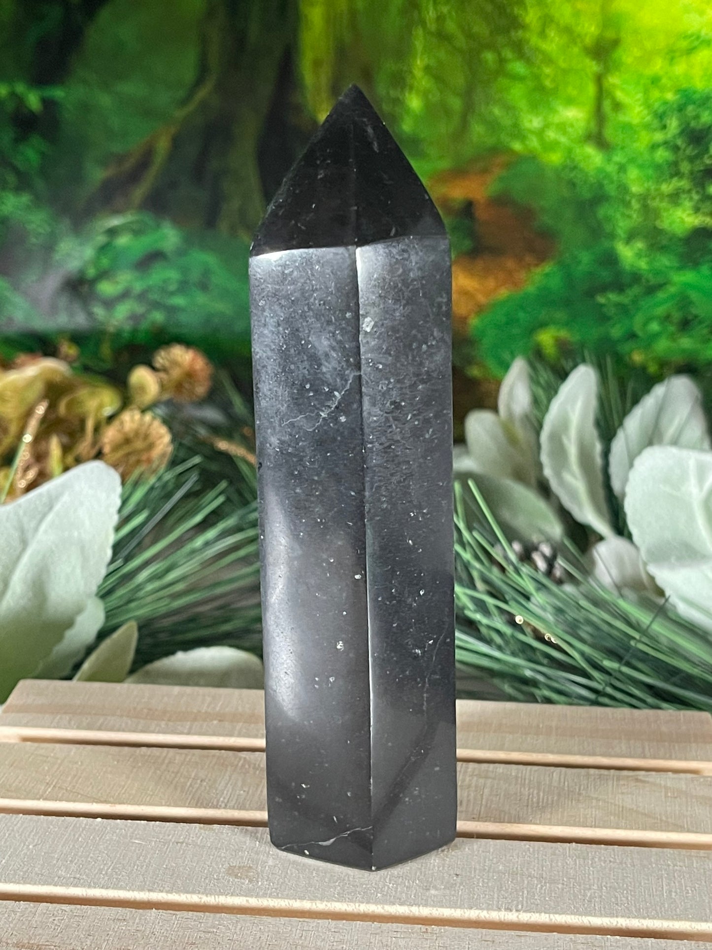 Tower - Black Tourmaline Jasper Natural Stone Quartz Crystal Obelisk Point - 363g