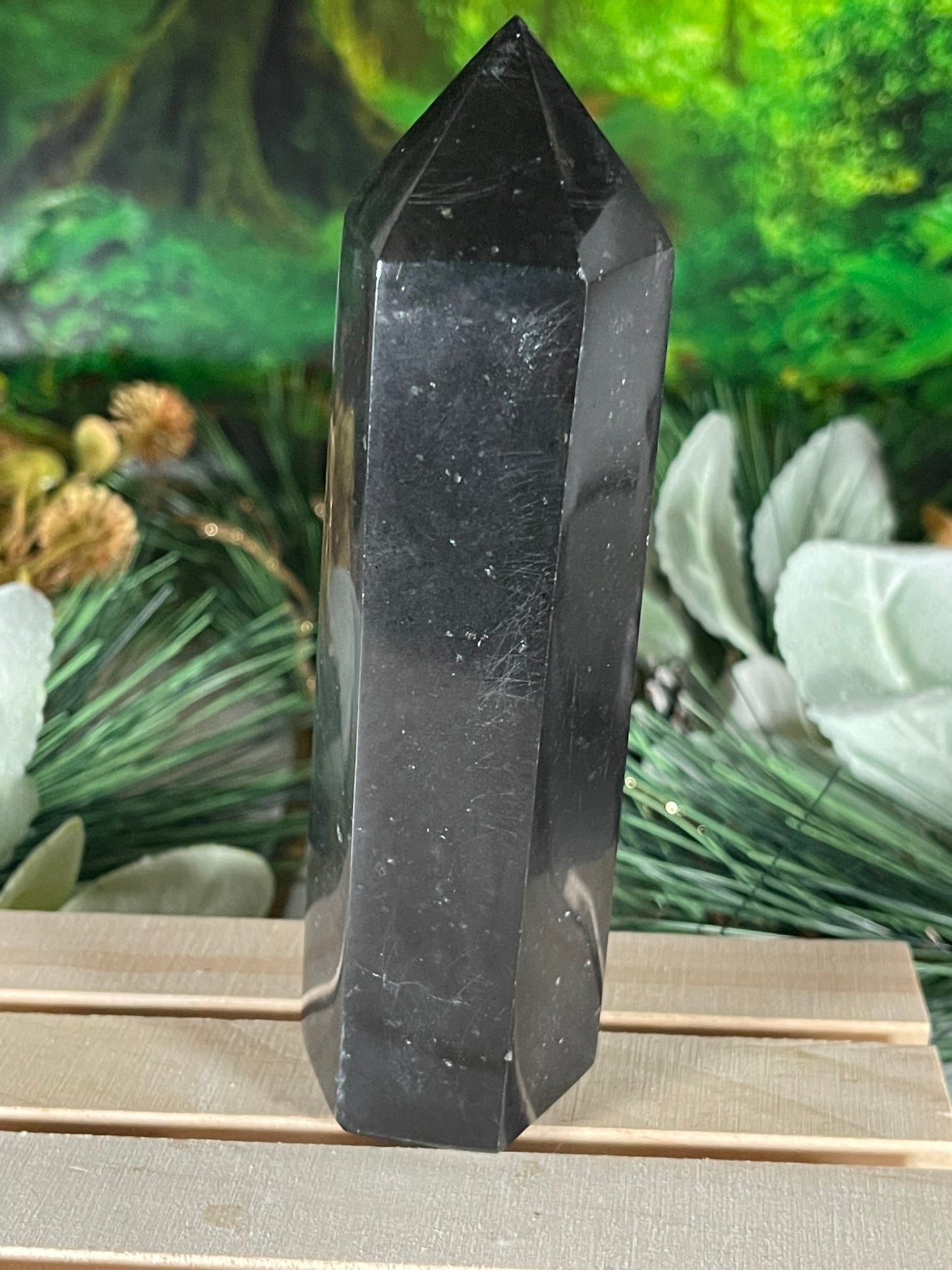 Tower - Black Tourmaline Jasper Natural Stone Quartz Crystal Obelisk Point - 434g