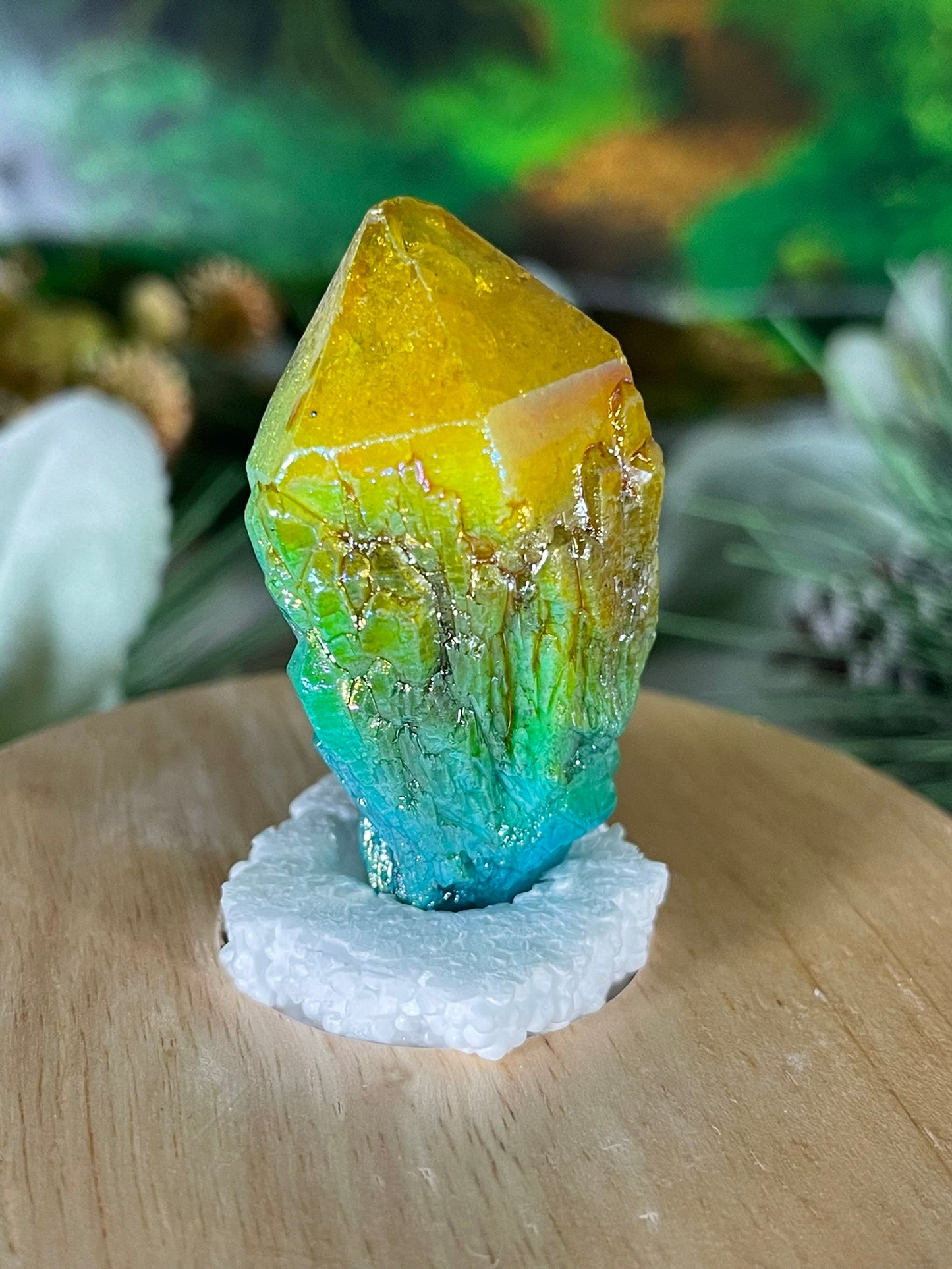 Aura Titanium Plated Natural Quartz Crystal Point Rainbow Yellow Green - 230.00Ct