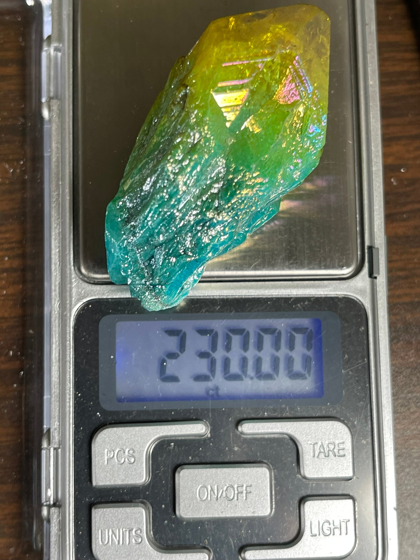 Aura Titanium Plated Natural Quartz Crystal Point Rainbow Yellow Green - 230.00Ct