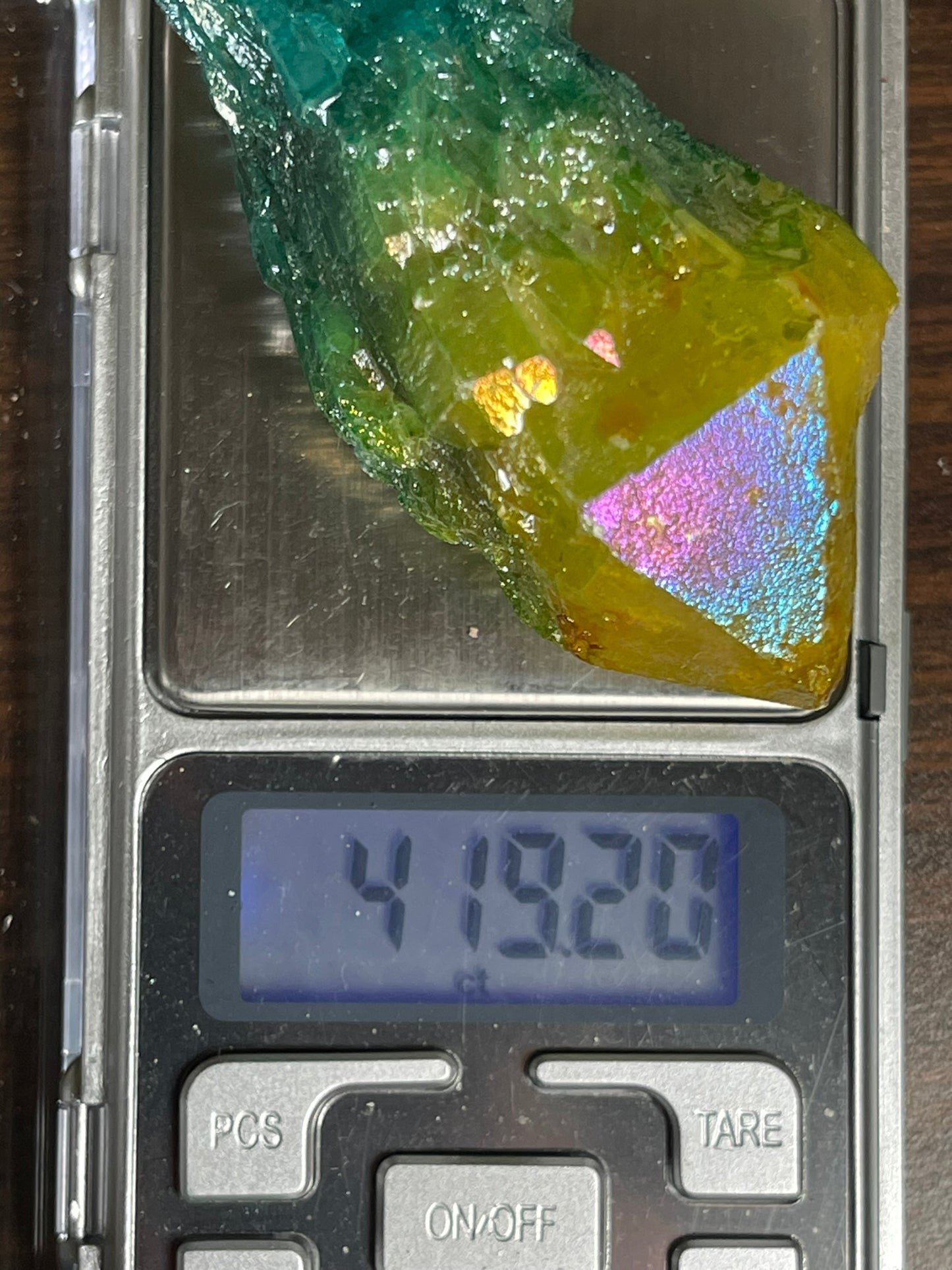 Aura Titanium Plated Natural Quartz Crystal Point Rainbow Yellow Green - 419.20Ct