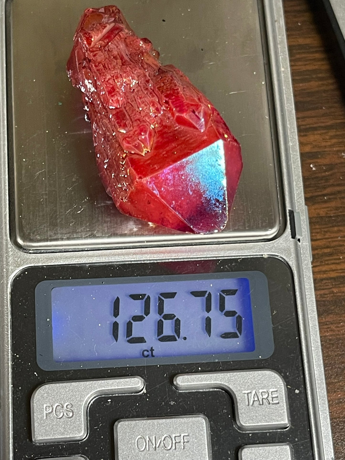 Aura Titanium Plated Natural Quartz Crystal Point Rainbow Red - 126.75Ct