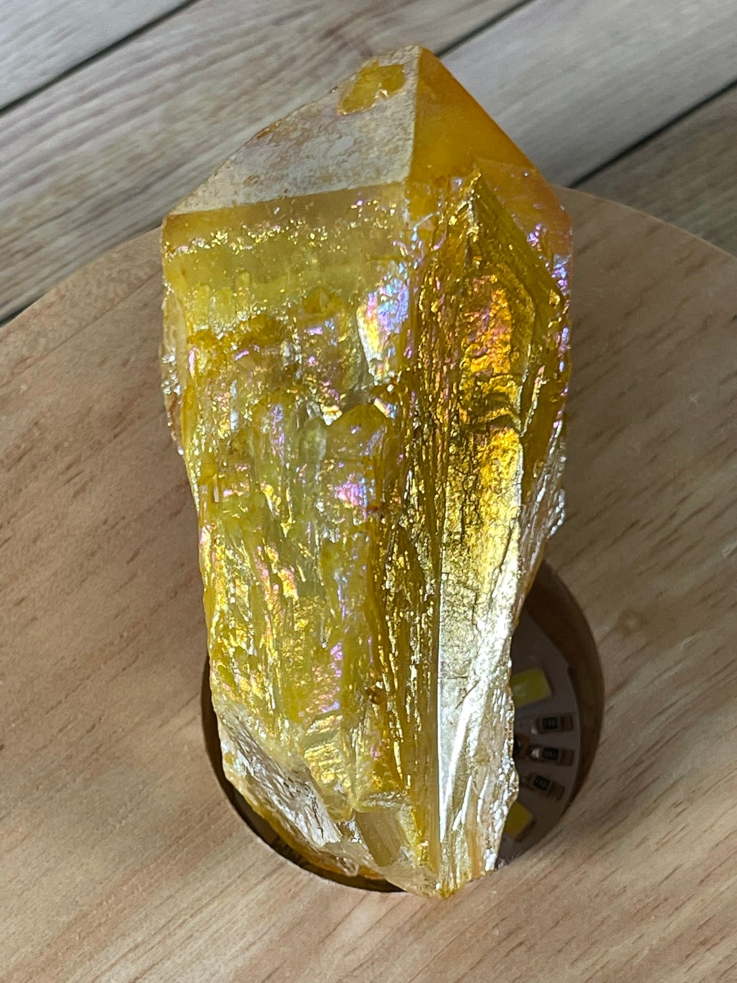 Aura Titanium Plated Natural Quartz Crystal Point Rainbow Yellow - 407.00Ct