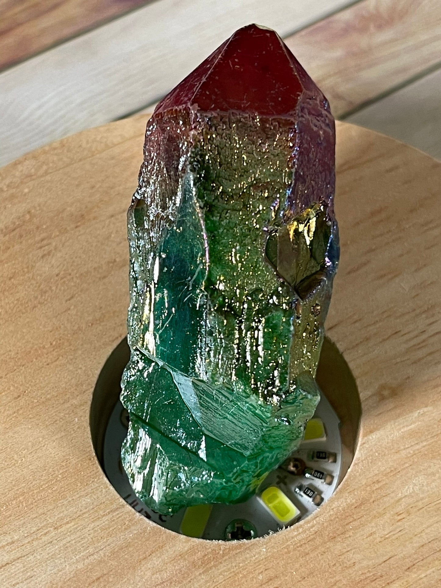 Aura Titanium Plated Natural Quartz Crystal Point Rainbow Red Green - 214.20Ct