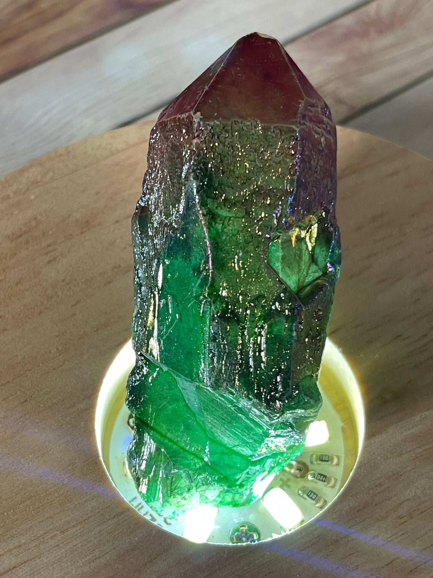 Aura Titanium Plated Natural Quartz Crystal Point Rainbow Red Green - 214.20Ct