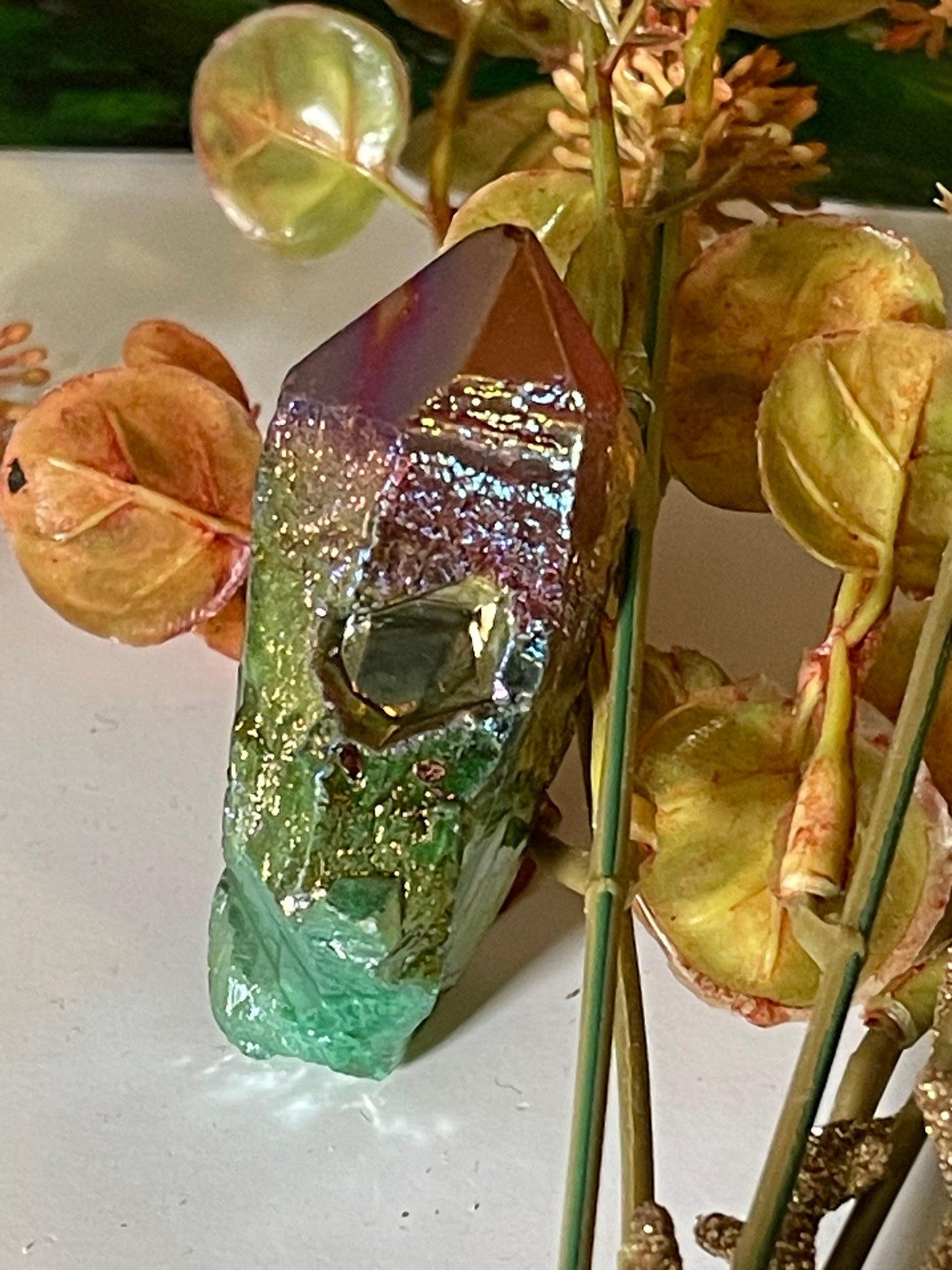 Aura Titanium Plated Natural Quartz Crystal Point Rainbow Red Green - 214.20Ct